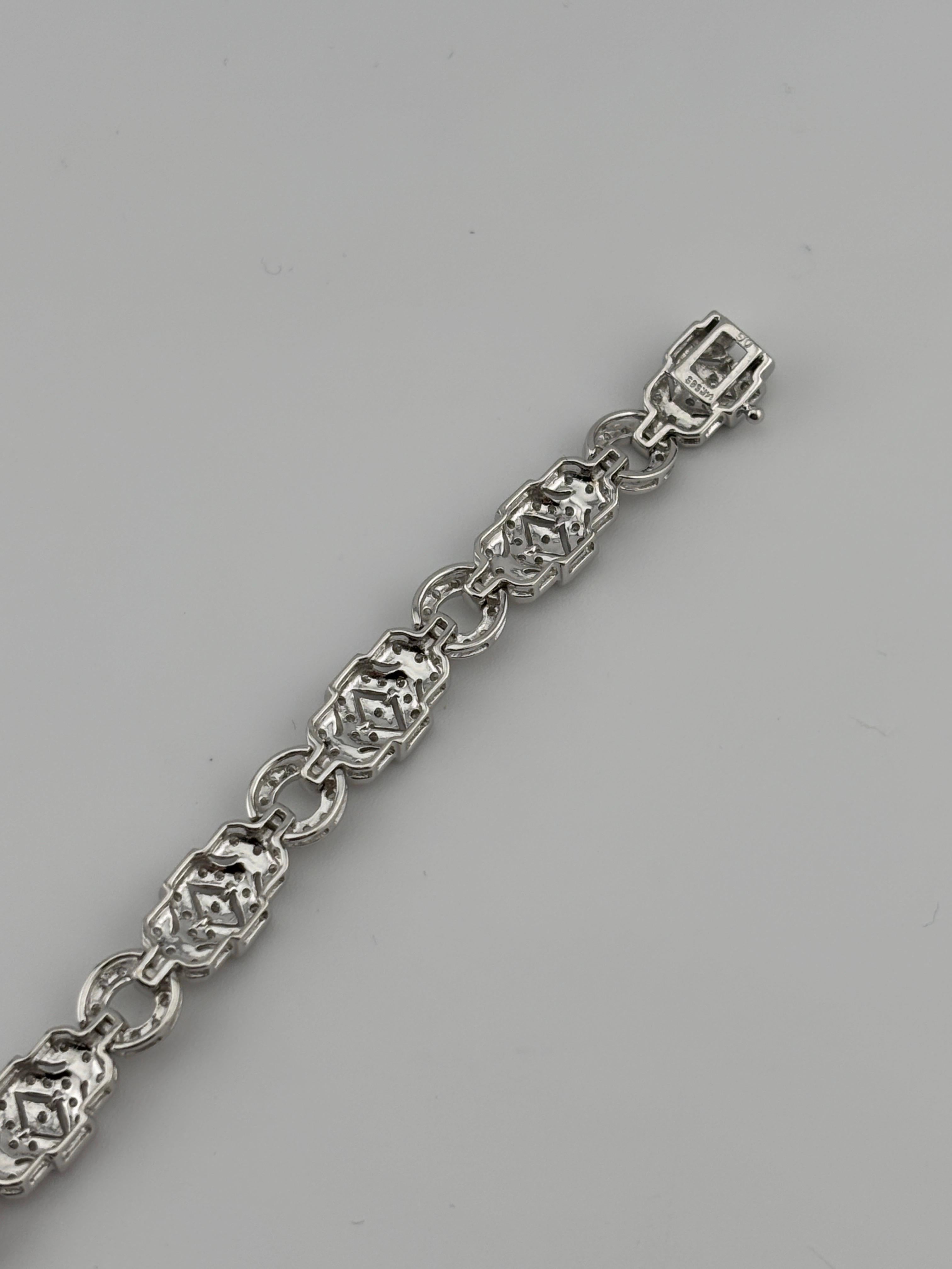 Material: 14k white gold
Gemstone: Natural Diamond 2.25 cttw
Weight: 14.6 grams
Length: 7 inches
Width: 7.9 mm

Beautiful, delicate Art Deco-styled bracelet decorated with natural diamonds. This bracelet has timeless elegance with its geometric