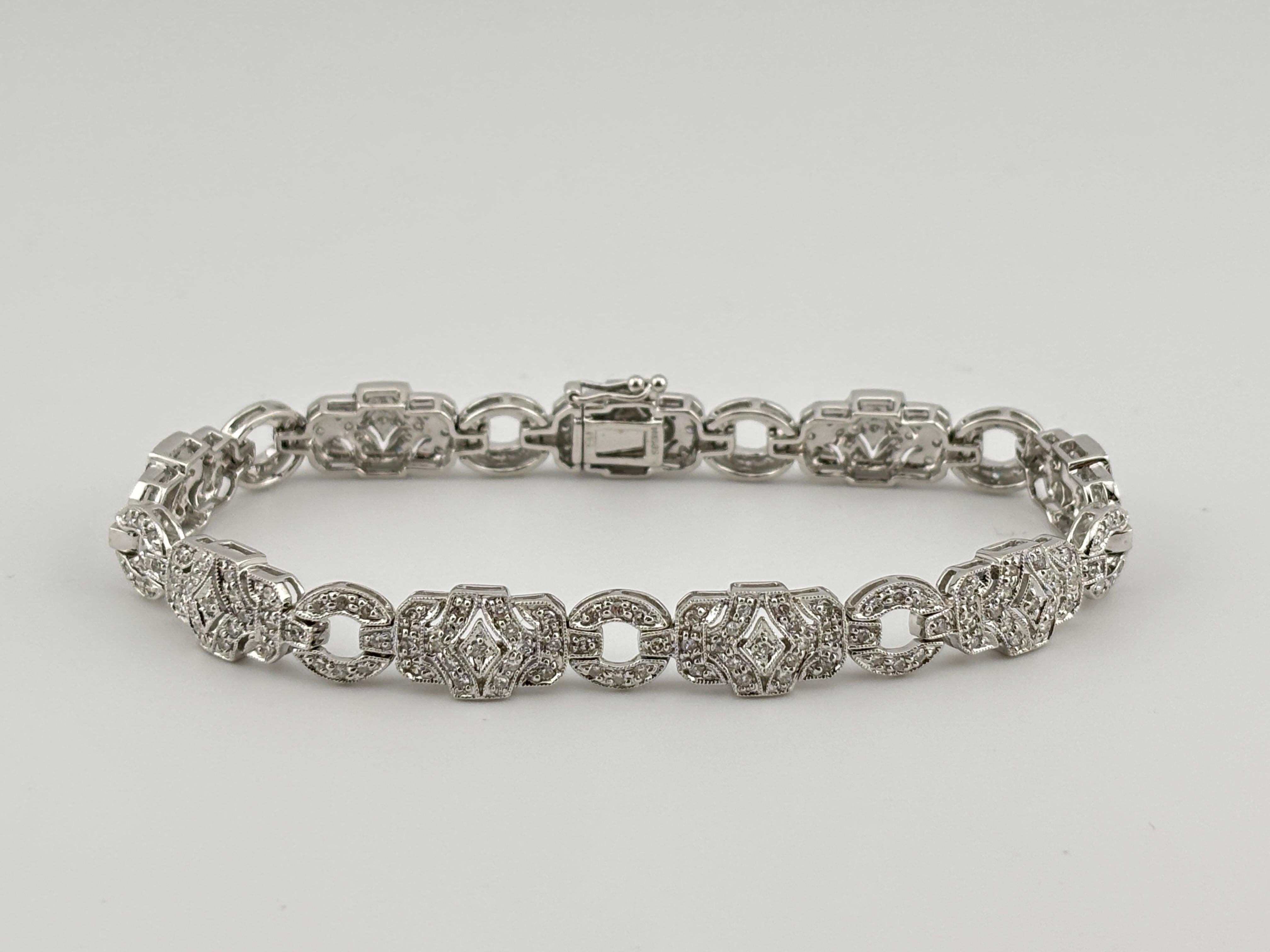 Brilliant Cut Art Deco Styled Natural Diamond Bracelet 14k White Gold For Sale