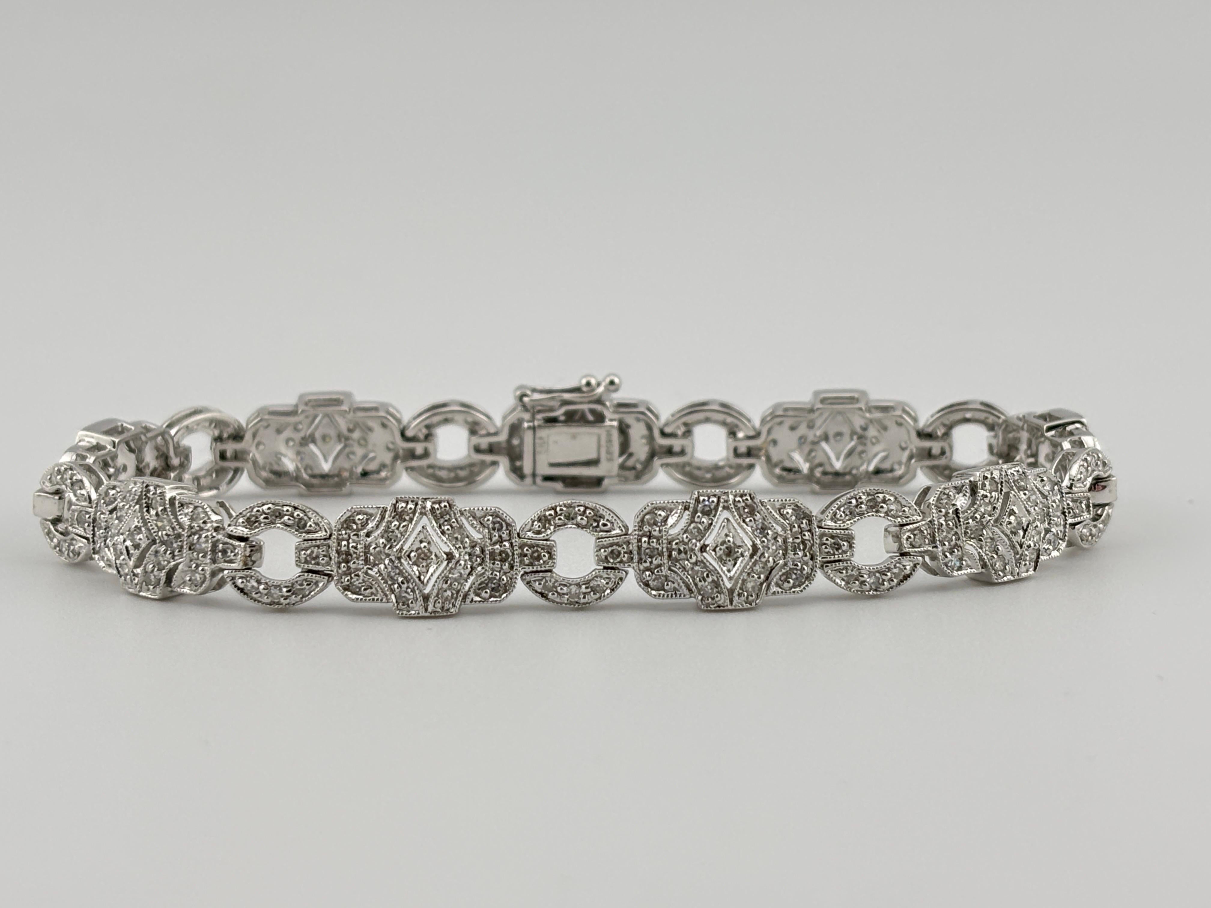 Art Deco Styled Natural Diamond Bracelet 14k White Gold In Good Condition For Sale In Bernardsville, NJ