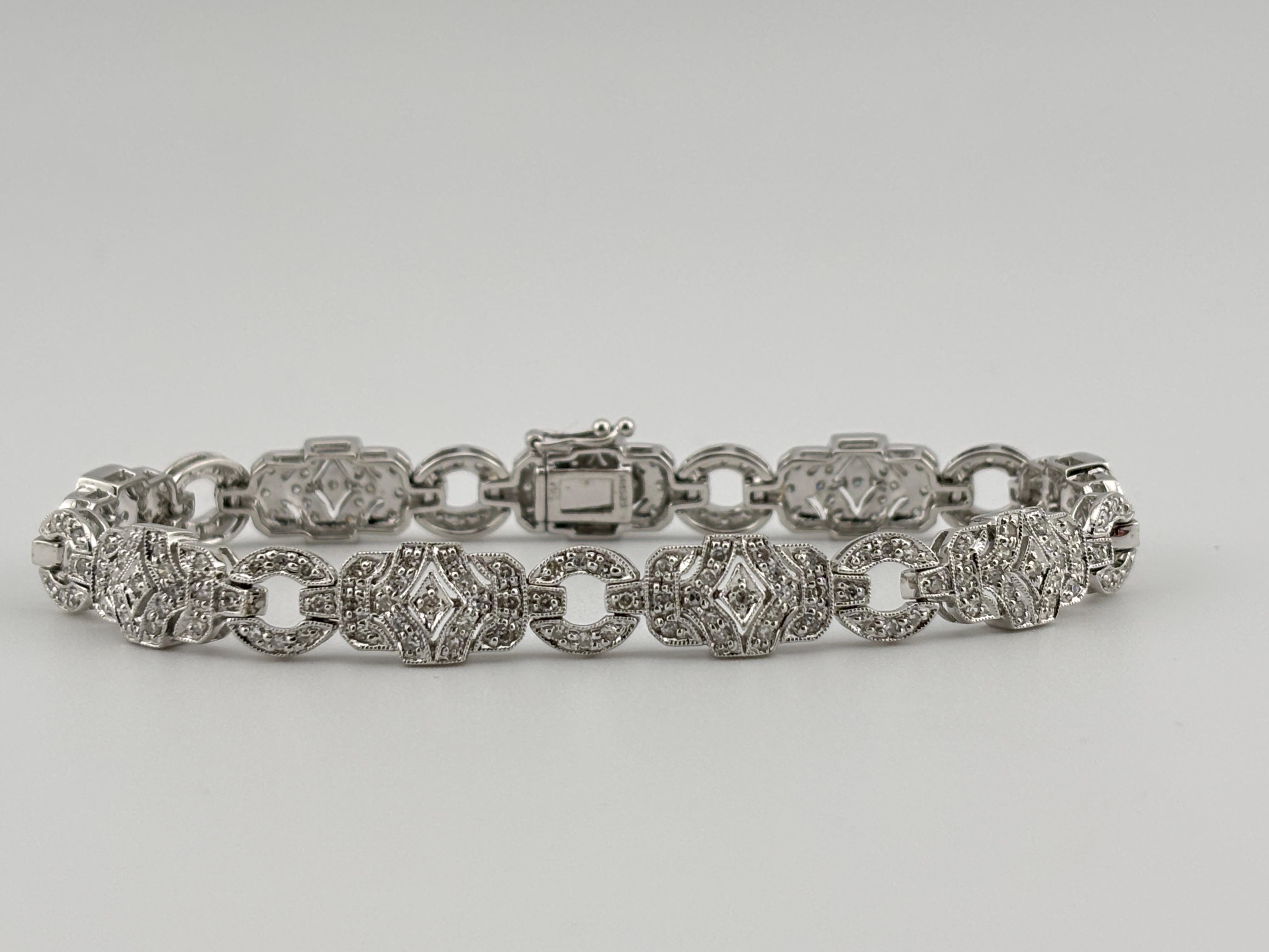 Women's or Men's Art Deco Styled Natural Diamond Bracelet 14k White Gold For Sale