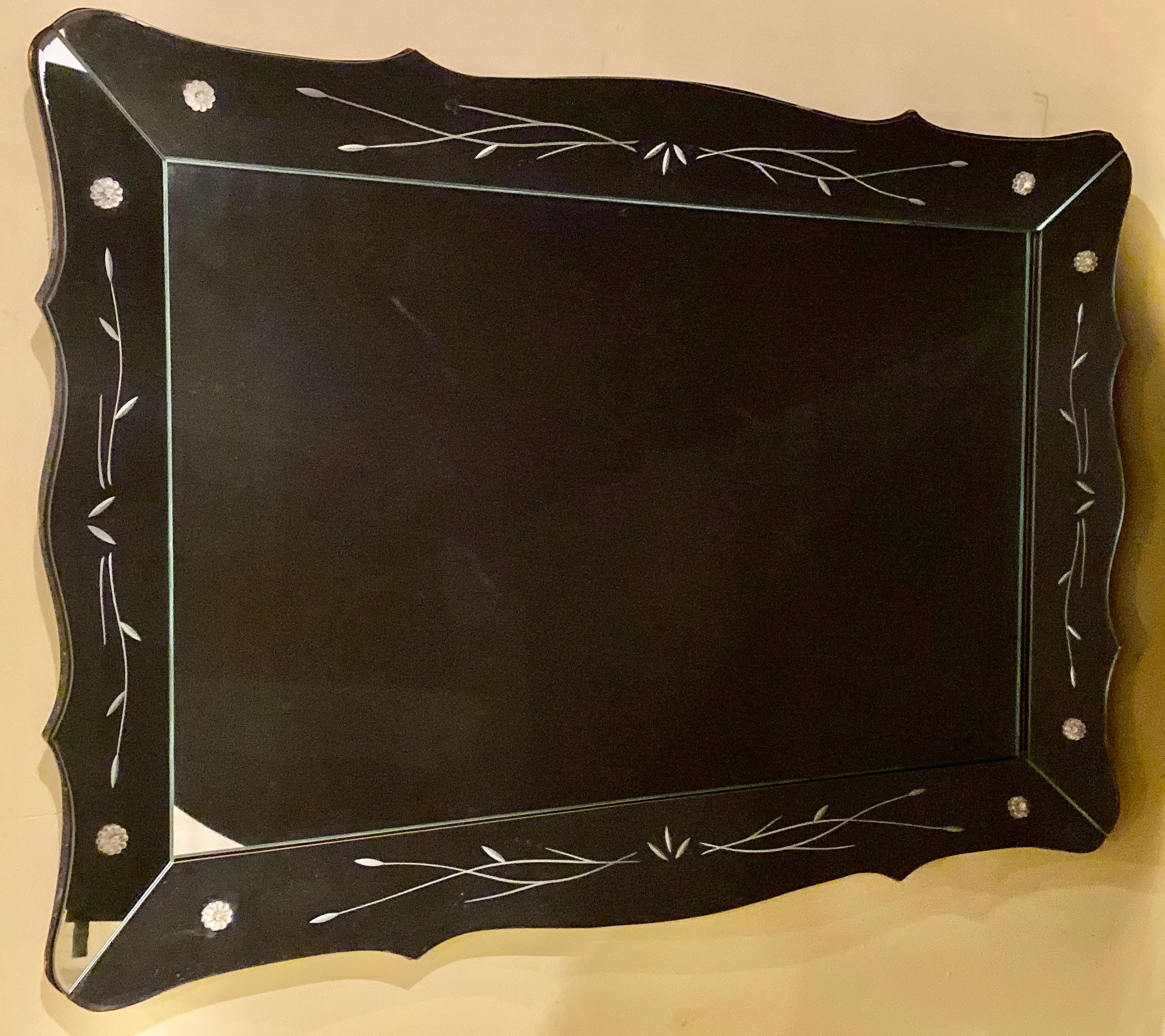 Art Deco styled over the mantel (fireplace) or wall or console mirror. This large and impressive shadowbox frame mirror with etched panels is simply stunning with its curved etched glass sides. This mirror can easily mount to the wall vertically or