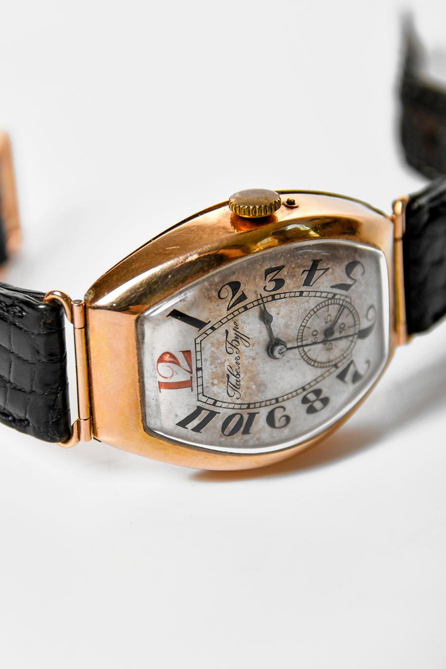 Art Deco Styled Pavel Buhre Campaign Style Tonneau Shaped Gold Watch In Good Condition For Sale In  Budapest, HU