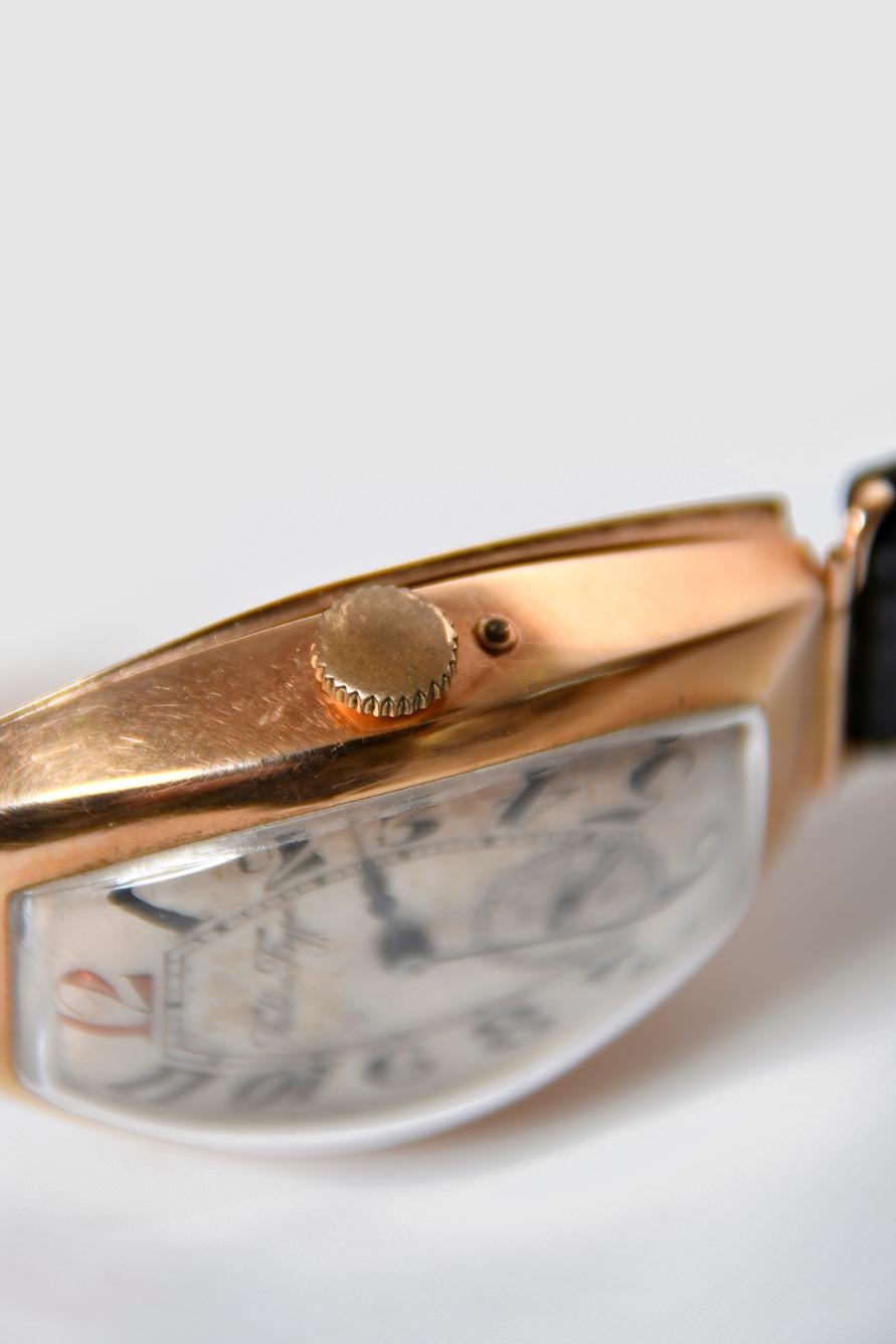 Mid-20th Century Art Deco Styled Pavel Buhre Campaign Style Tonneau Shaped Gold Watch For Sale
