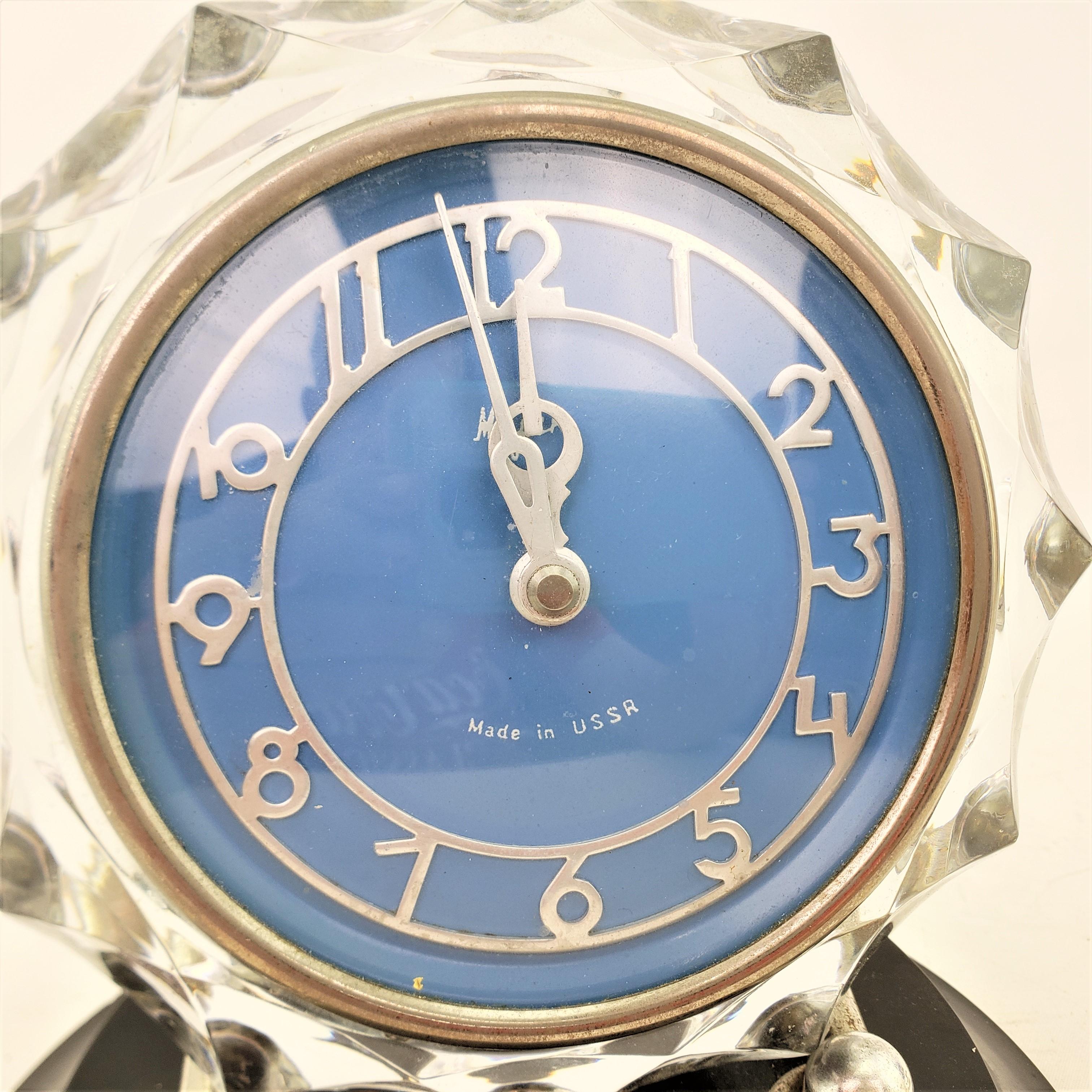 Art Deco Styled Russian Majak Mayak Crystal Table Clock with Blue Face For Sale 1