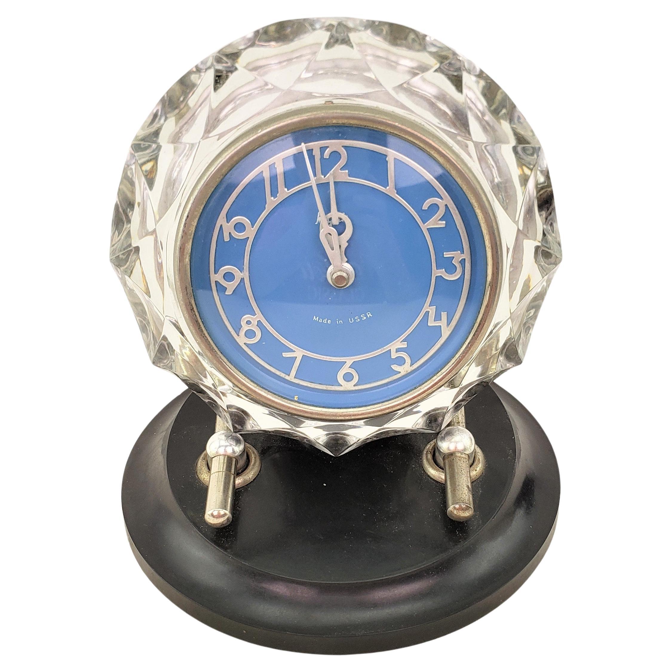 Art Deco Styled Russian Majak Mayak Crystal Table Clock with Blue Face For Sale