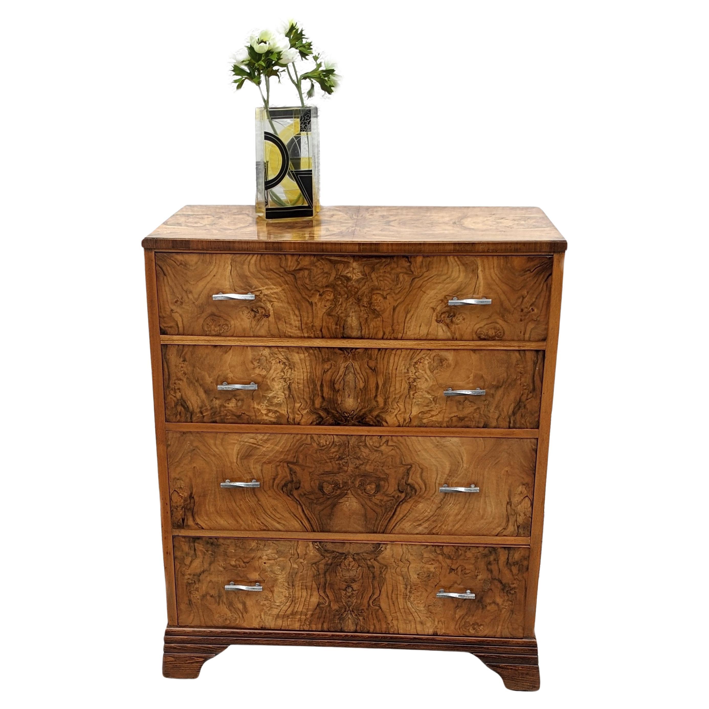Art Deco Stylish Burr Walnut Chest Of Four Drawers, English c1930's For Sale