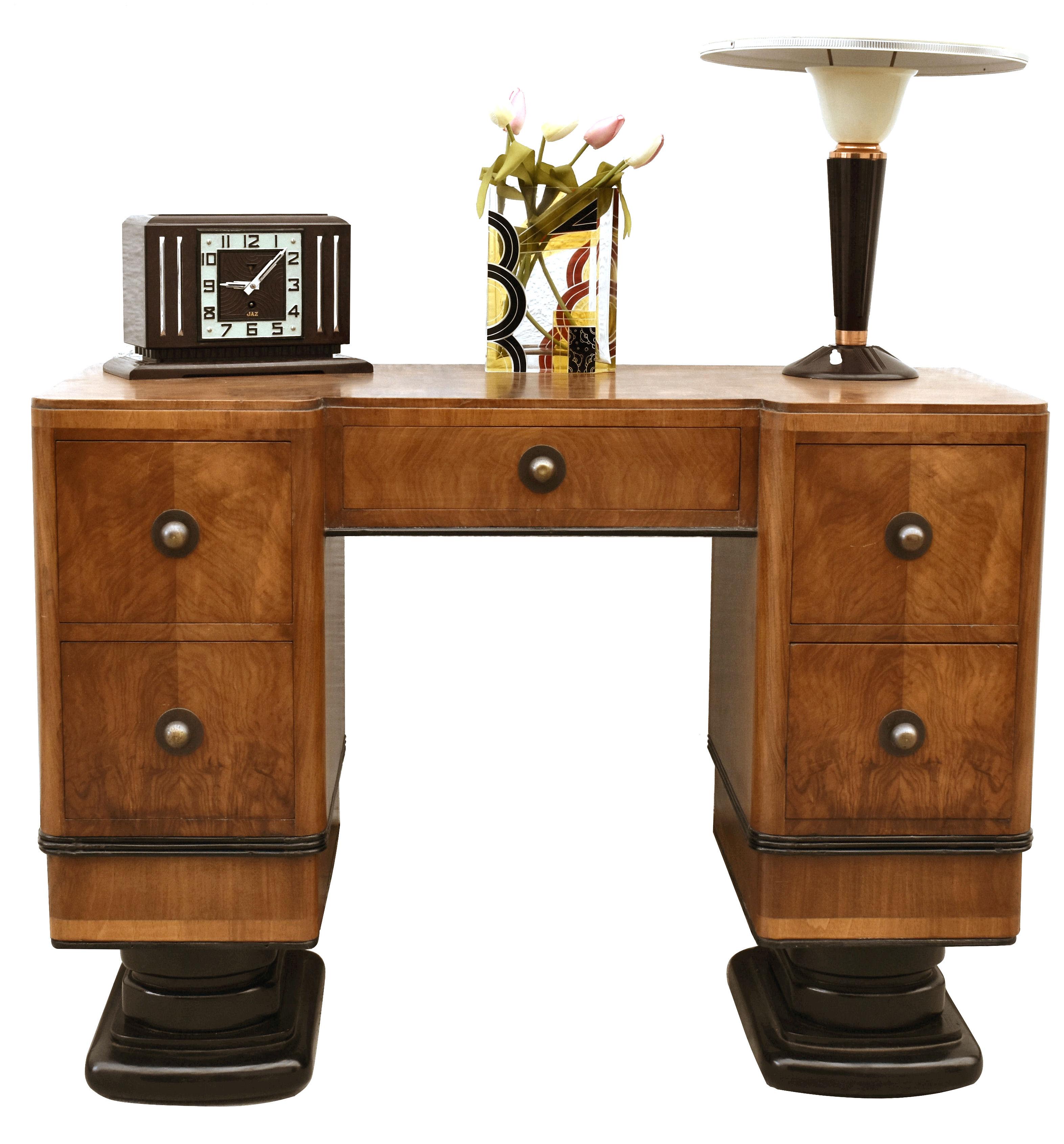 Art Deco Stylish Figured Walnut Desk, English, c1930 2
