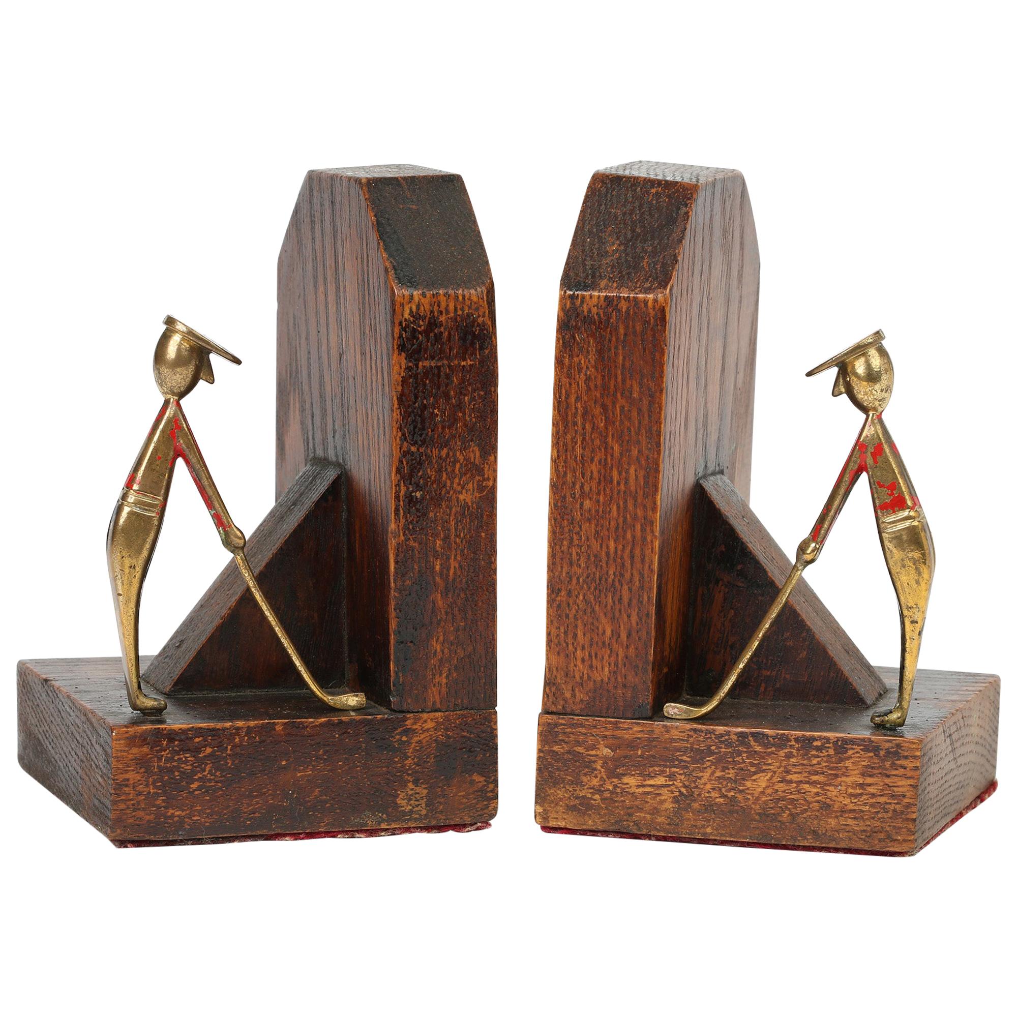 Art Deco Stylish Pair of Wooden Mounted Golfing Bookends