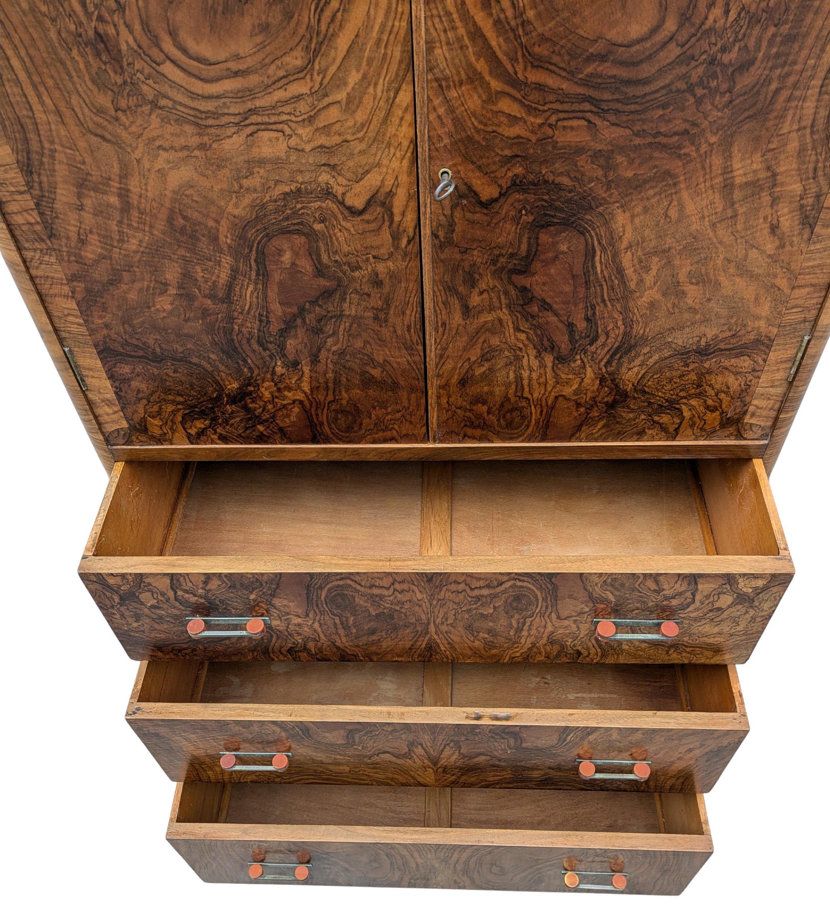 Art Deco Stylish Walnut  Wardrobe, Tallboy, English, c1930 6