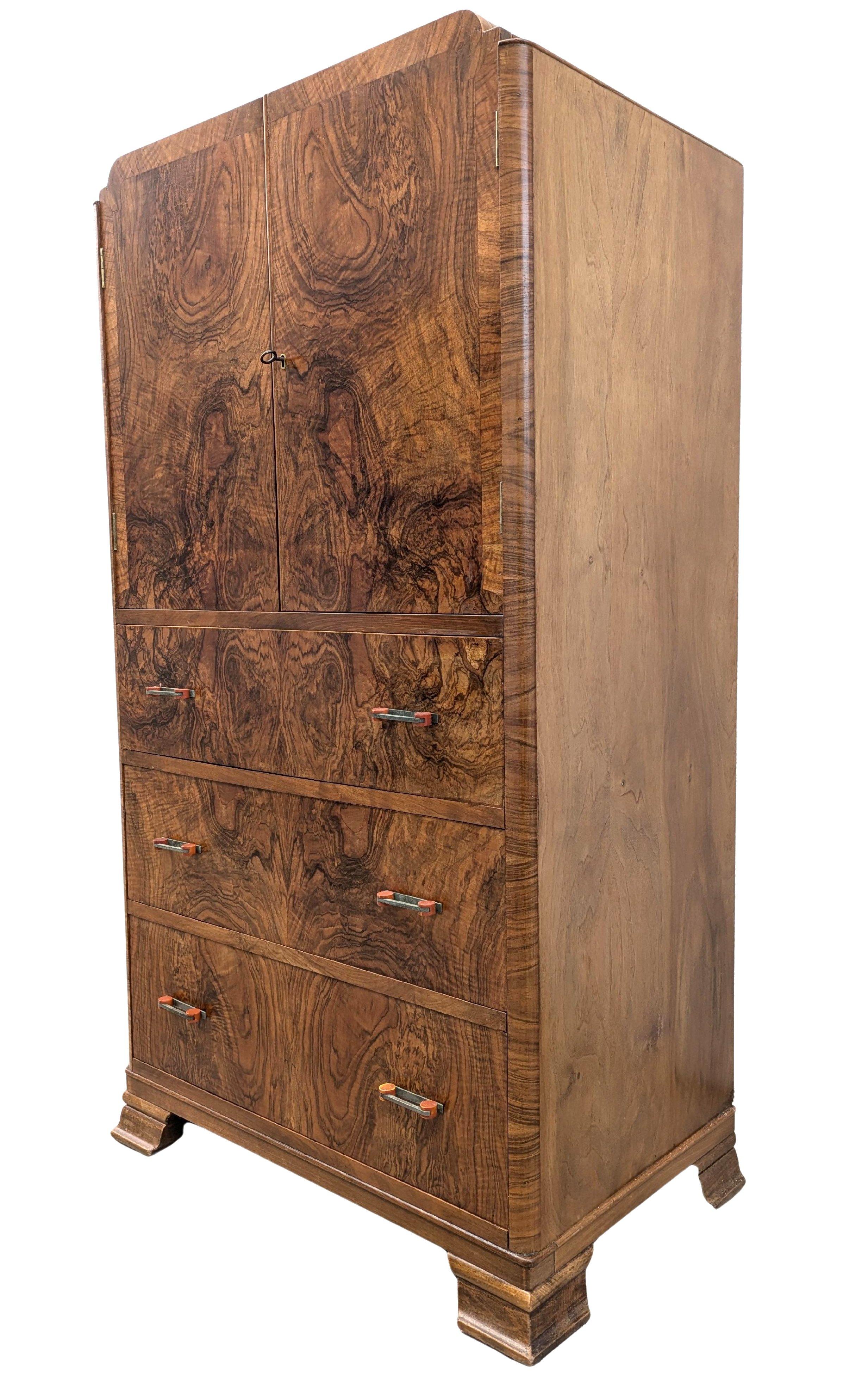 Art Deco Stylish Walnut  Wardrobe, Tallboy, English, c1930 7