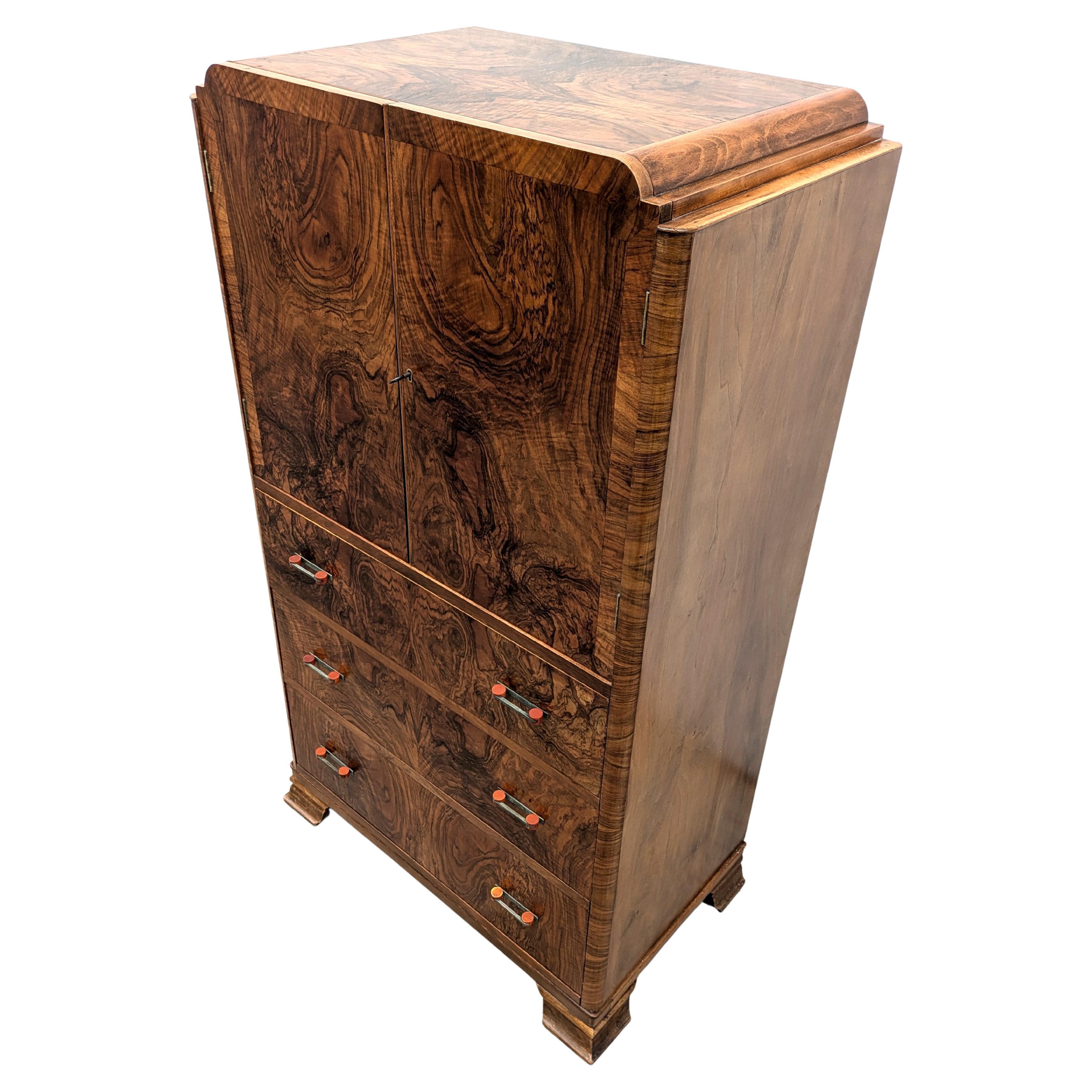 Brass Art Deco Stylish Walnut  Wardrobe, Tallboy, English, c1930