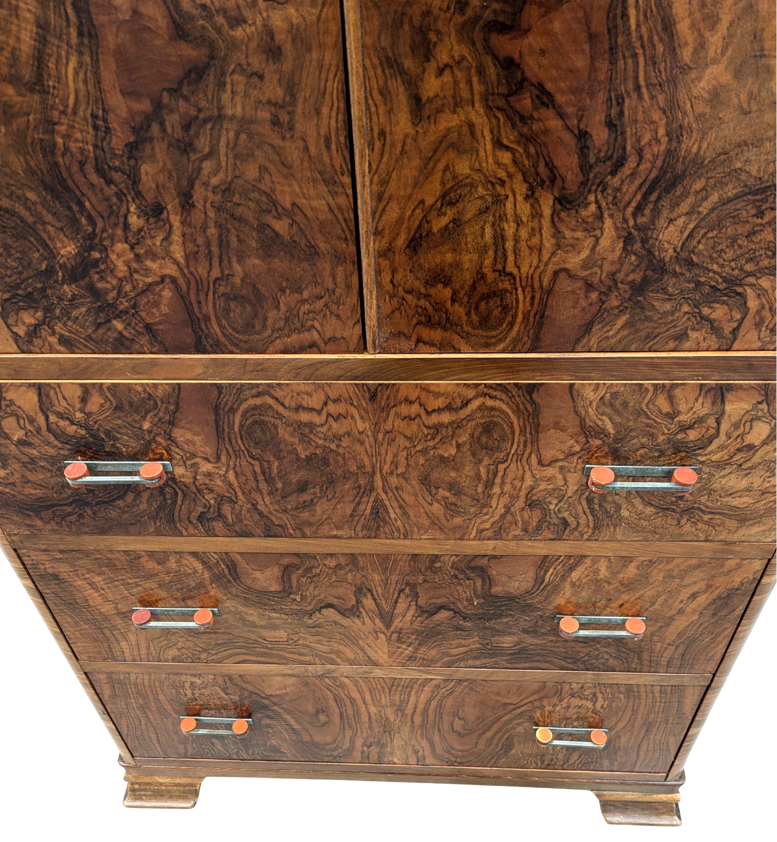 Art Deco Stylish Walnut  Wardrobe, Tallboy, English, c1930 1