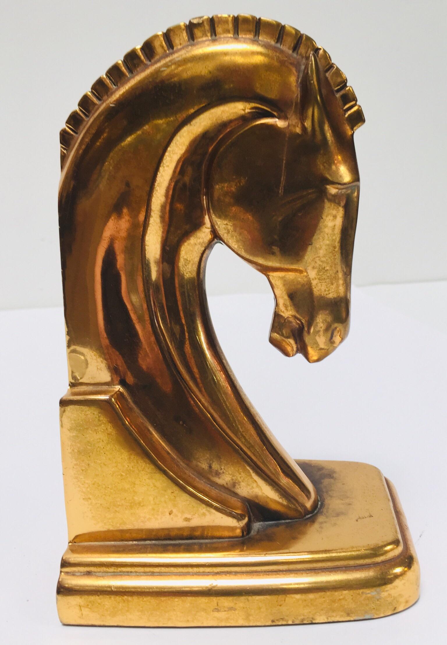 Art Deco Stylized Cast Brass Sculptures of Horse Bust Bookends 7