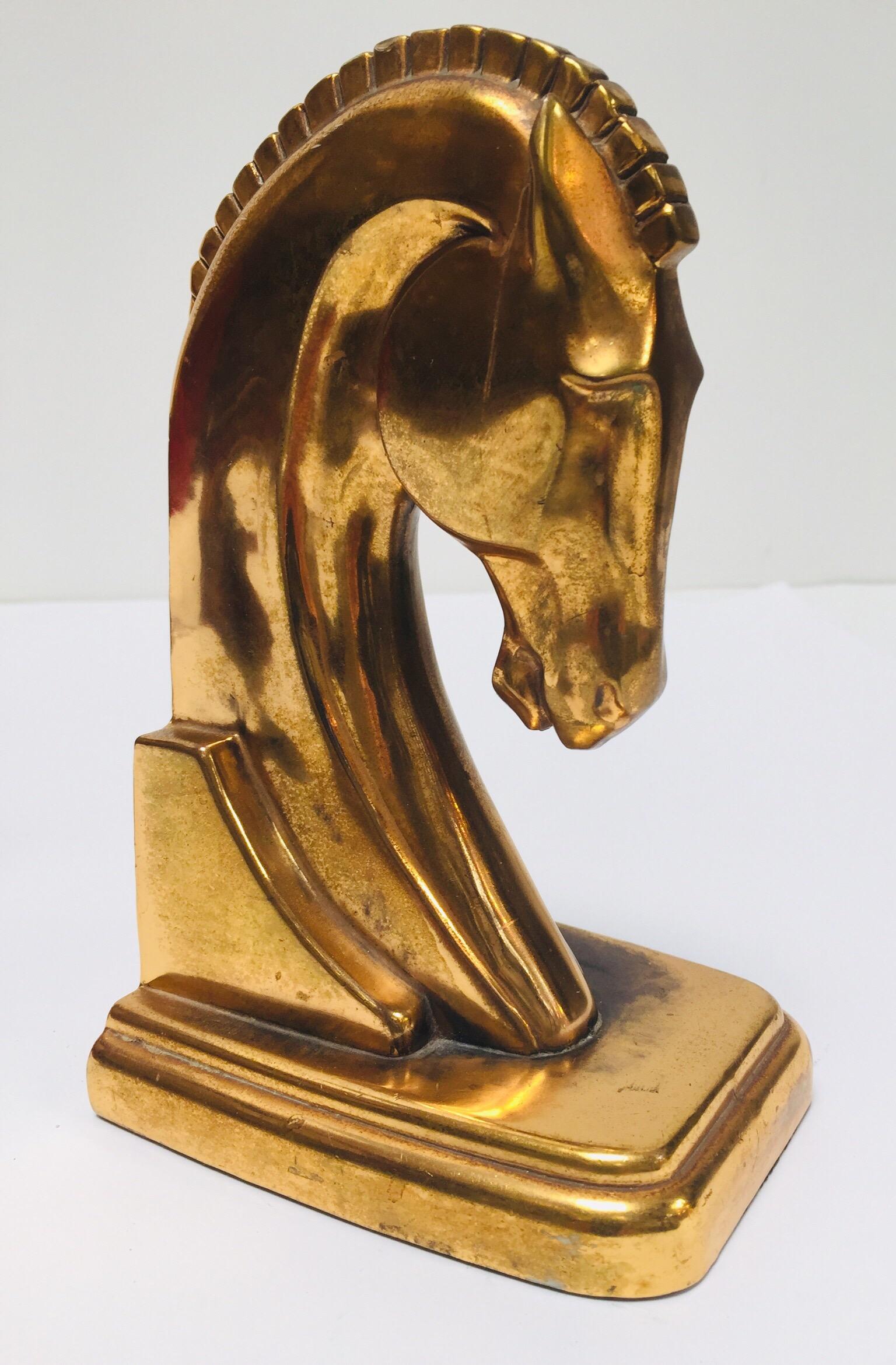 Art Deco Stylized Cast Brass Sculptures of Horse Bust Bookends 9