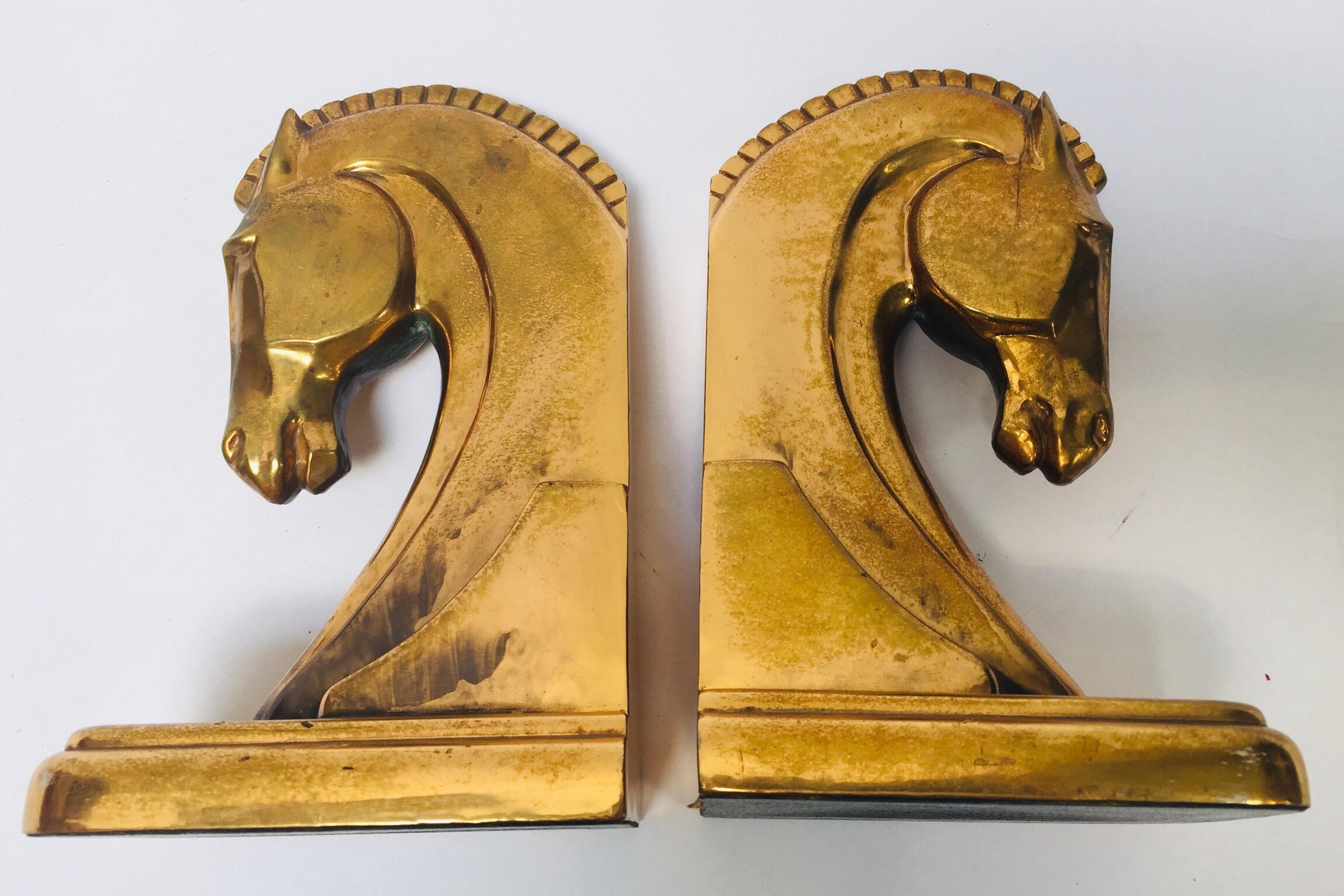 Art Deco Stylized Cast Brass Sculptures of Horse Bust Bookends 11