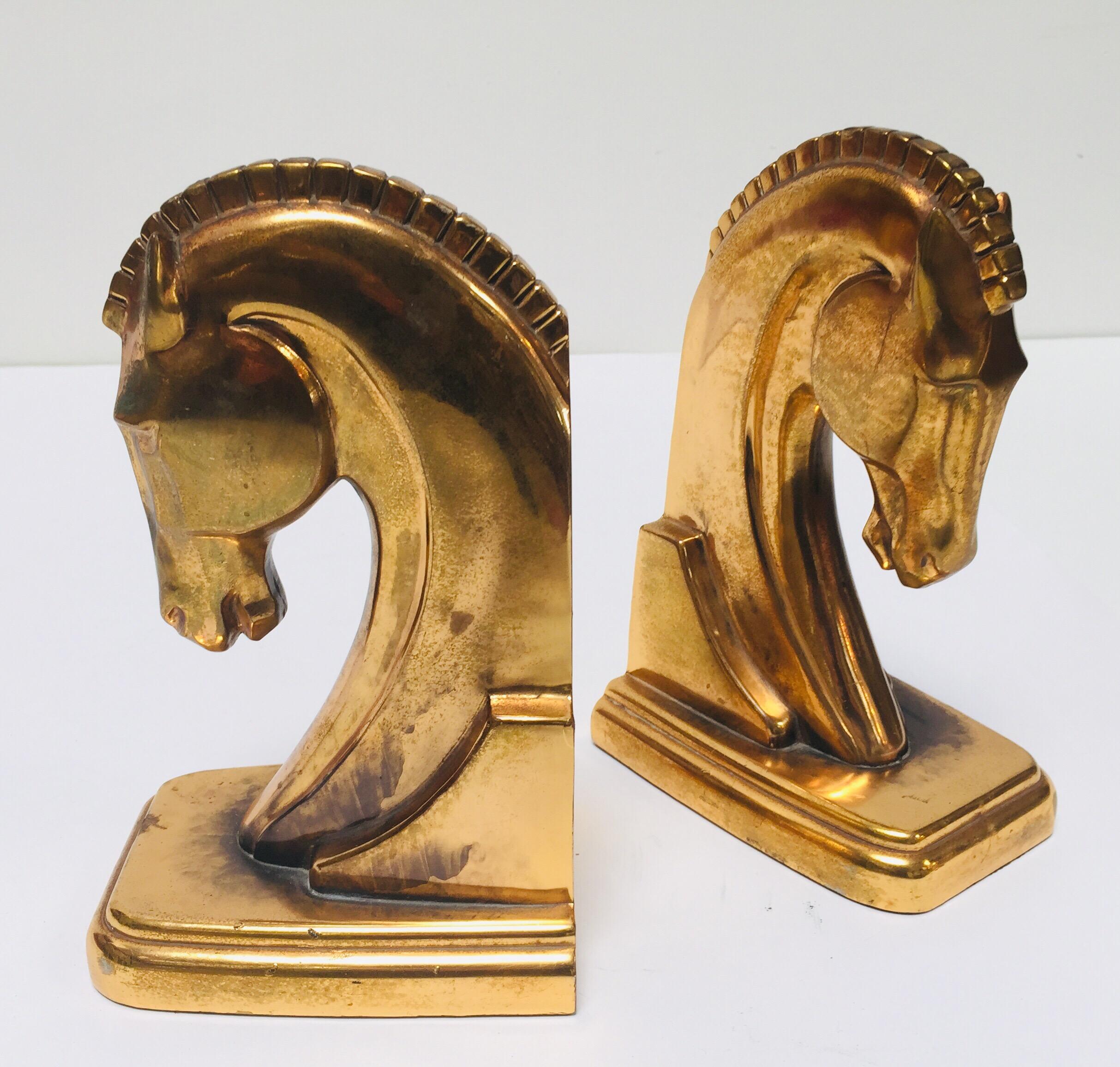 Art Deco Stylized Cast Brass Sculptures of Horse Bust Bookends 13