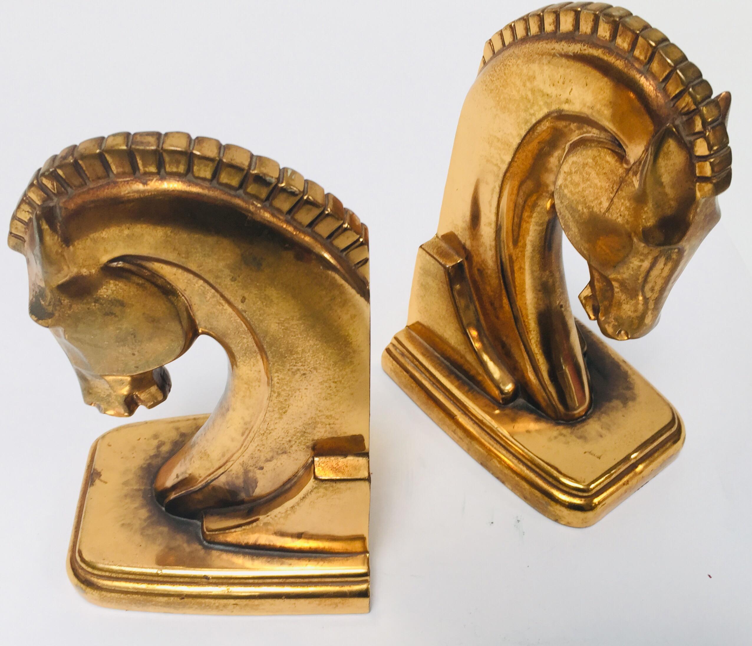 Art Deco Stylized Cast Brass Sculptures of Horse Bust Bookends 14