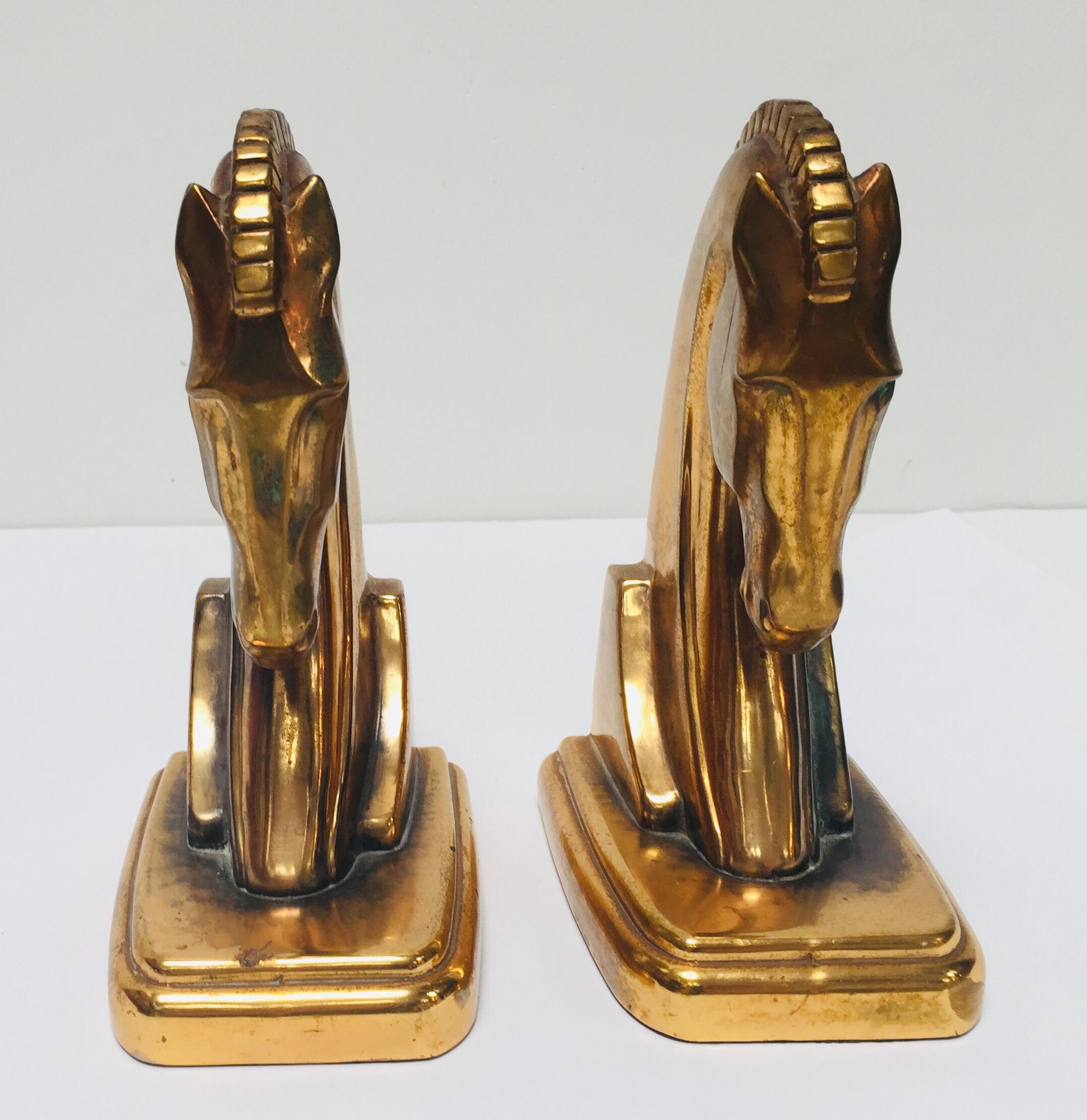 Italian Art Deco Stylized Cast Brass Sculptures of Horse Bust Bookends