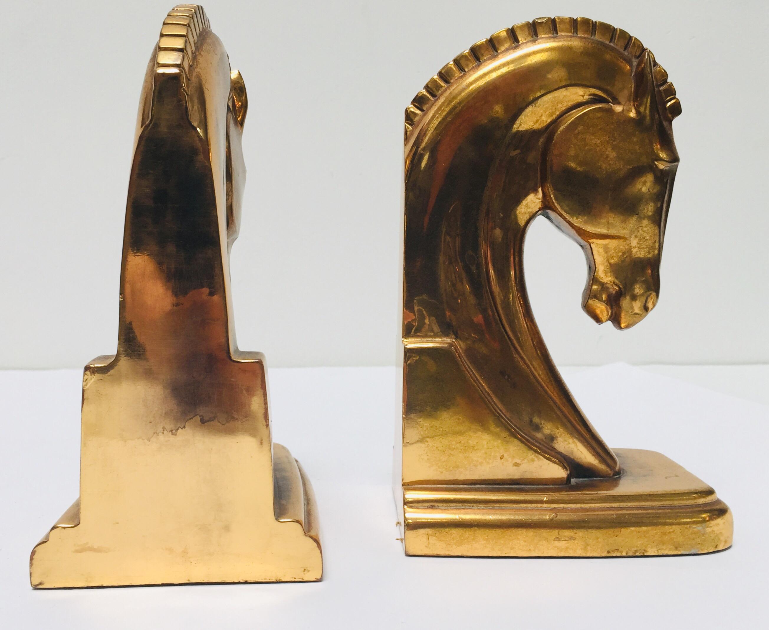 Patinated Art Deco Stylized Cast Brass Sculptures of Horse Bust Bookends