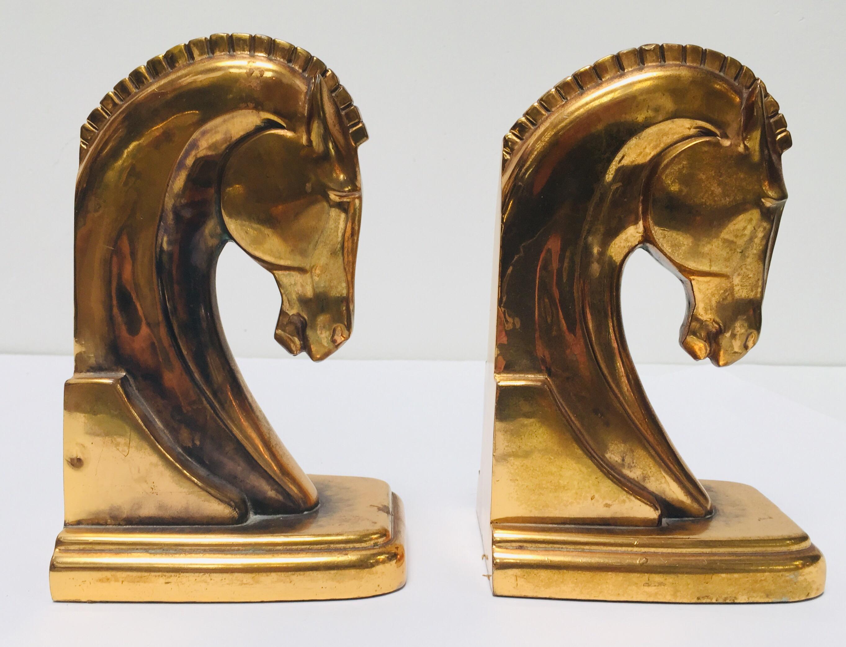 Art Deco Stylized Cast Brass Sculptures of Horse Bust Bookends In Good Condition In North Hollywood, CA