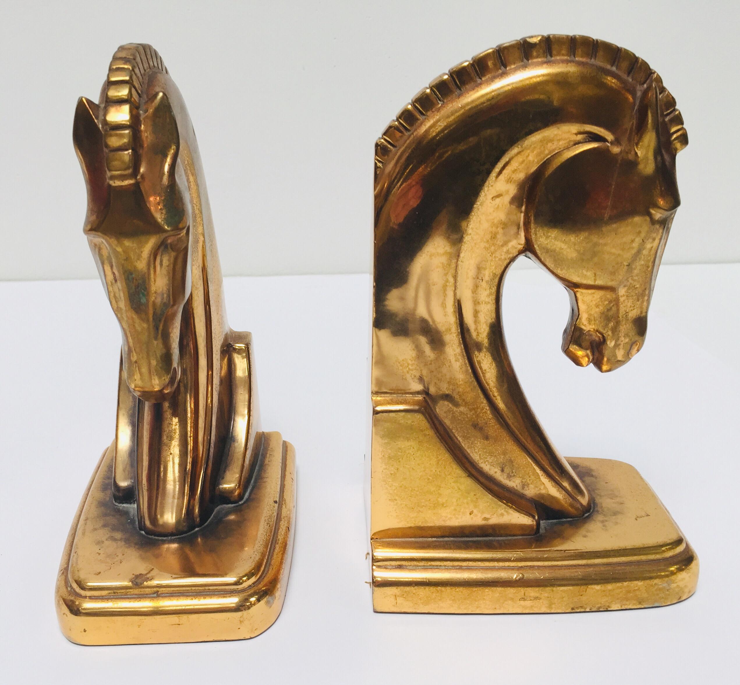 20th Century Art Deco Stylized Cast Brass Sculptures of Horse Bust Bookends