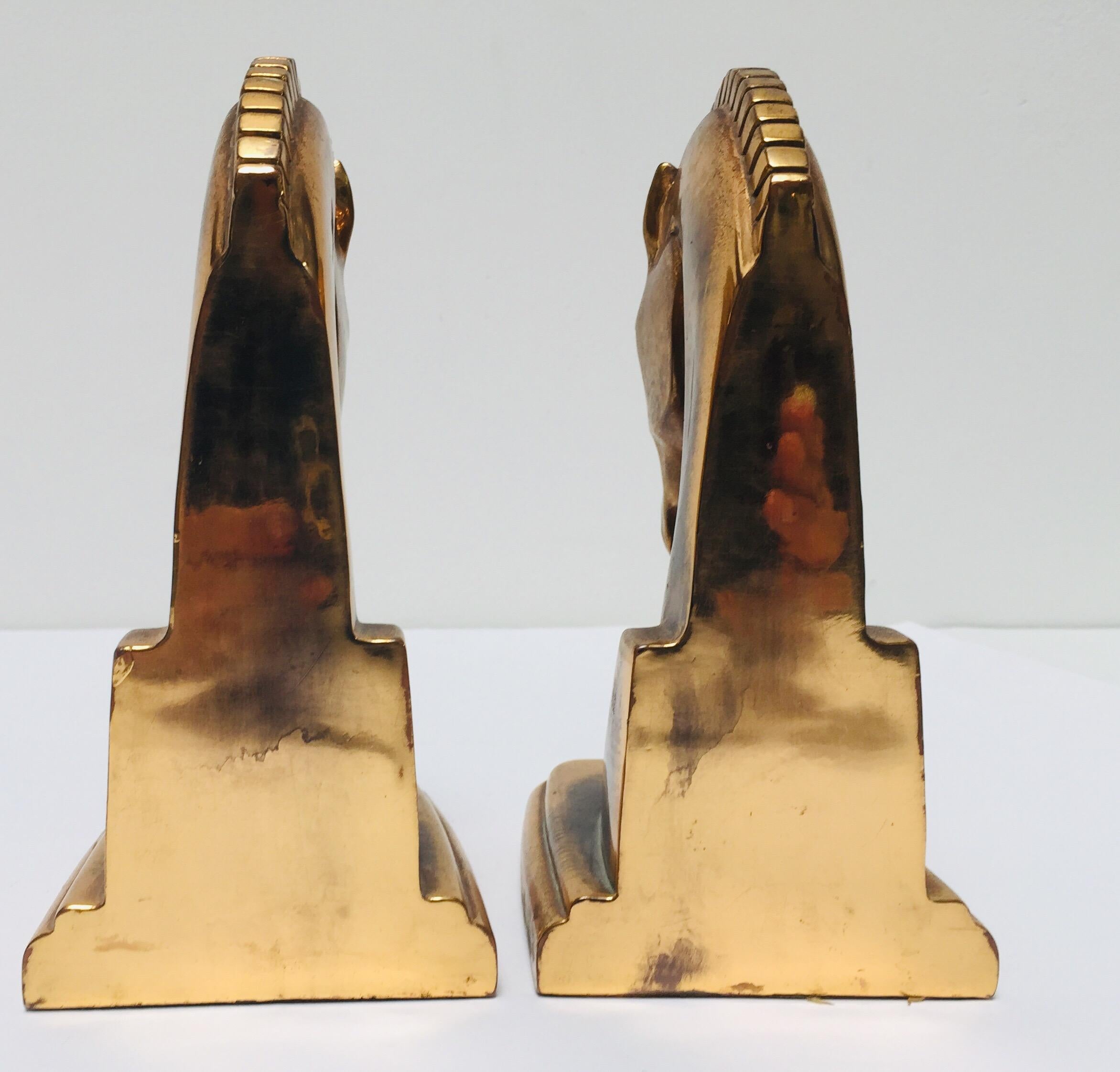 Art Deco Stylized Cast Brass Sculptures of Horse Bust Bookends 1