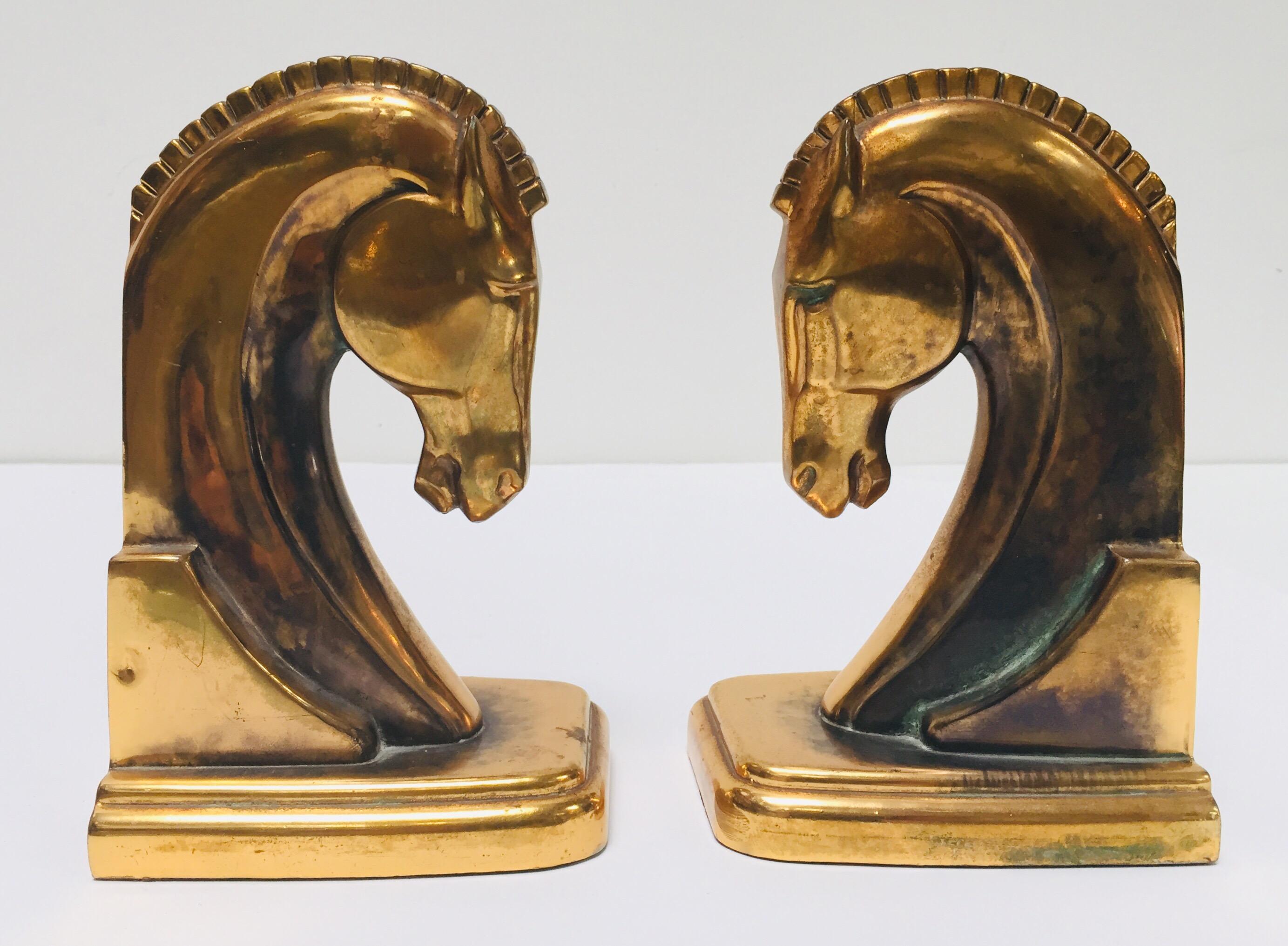 Art Deco Stylized Cast Brass Sculptures of Horse Bust Bookends 2