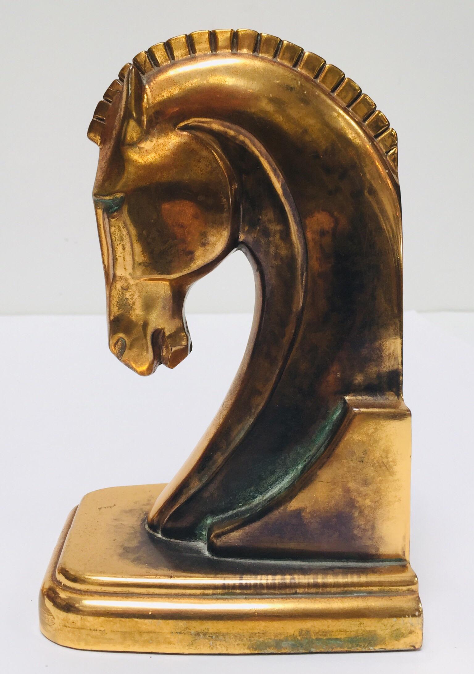 Art Deco Stylized Cast Brass Sculptures of Horse Bust Bookends 3