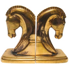 Vintage Art Deco Stylized Cast Brass Sculptures of Horse Bust Bookends