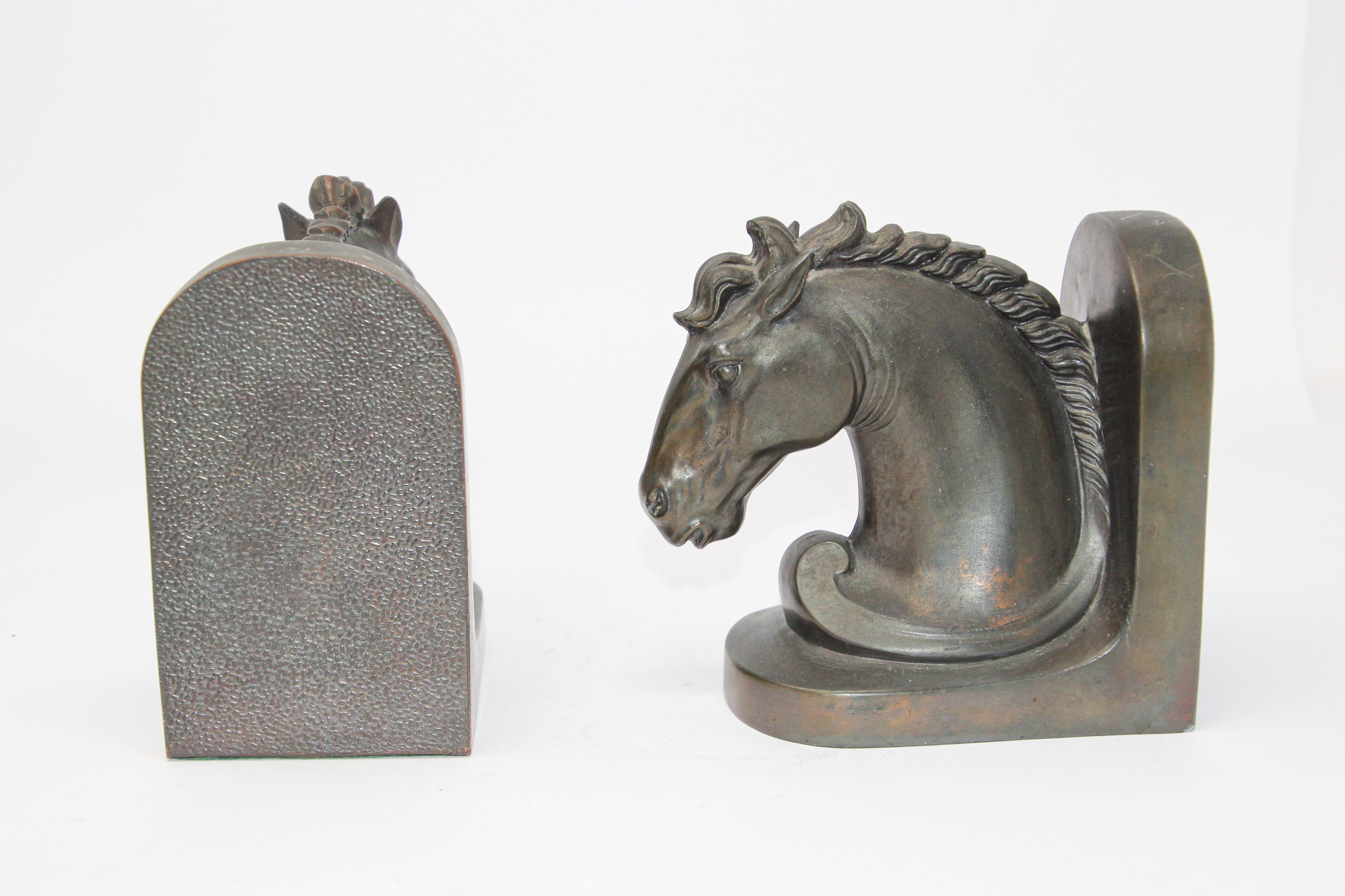 Art Deco Stylized Cast Bronze Sculptures of Horse Bust on Stand Bookends 4