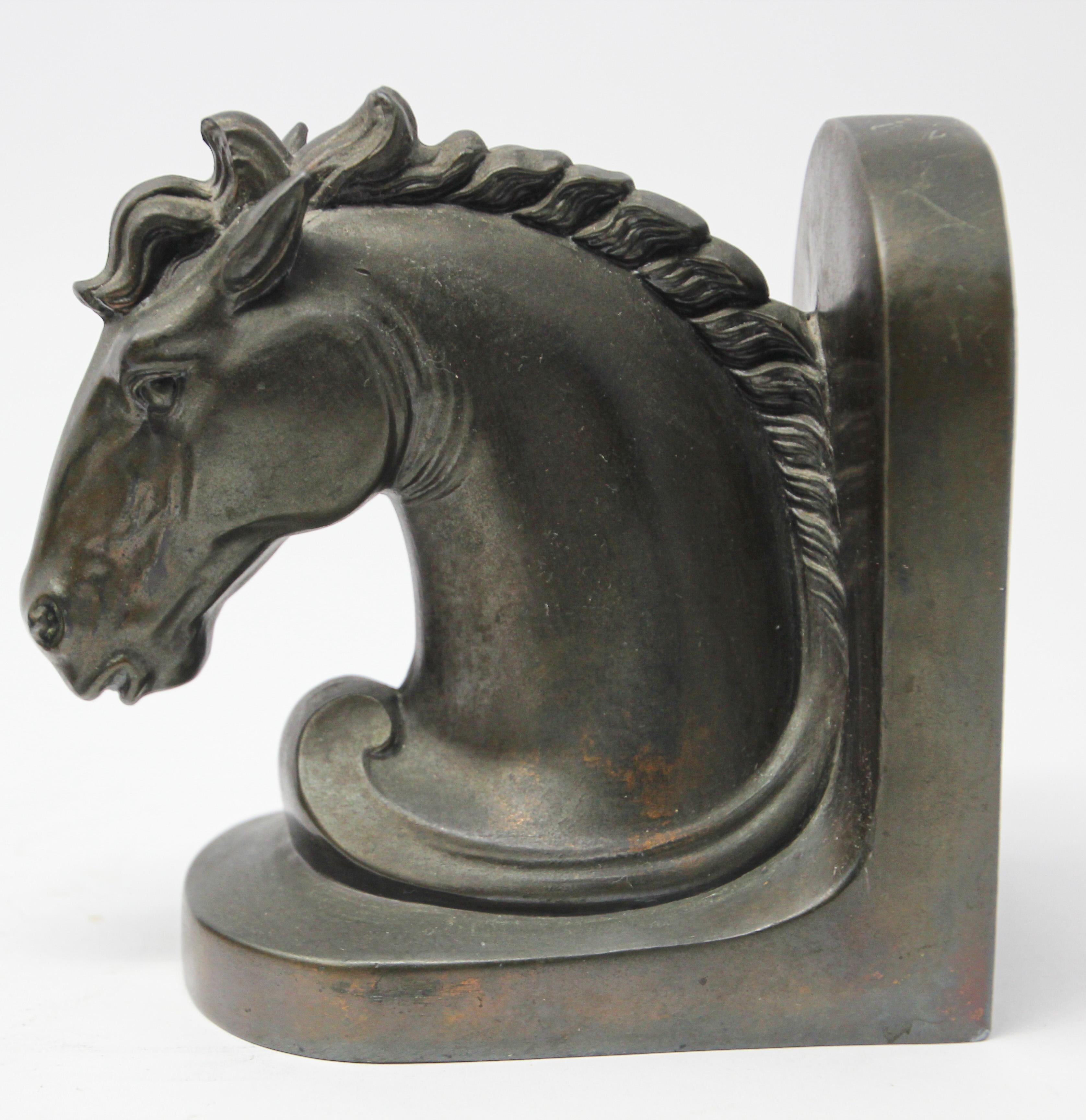 Art Deco Stylized Cast Bronze Sculptures of Horse Bust on Stand Bookends 7