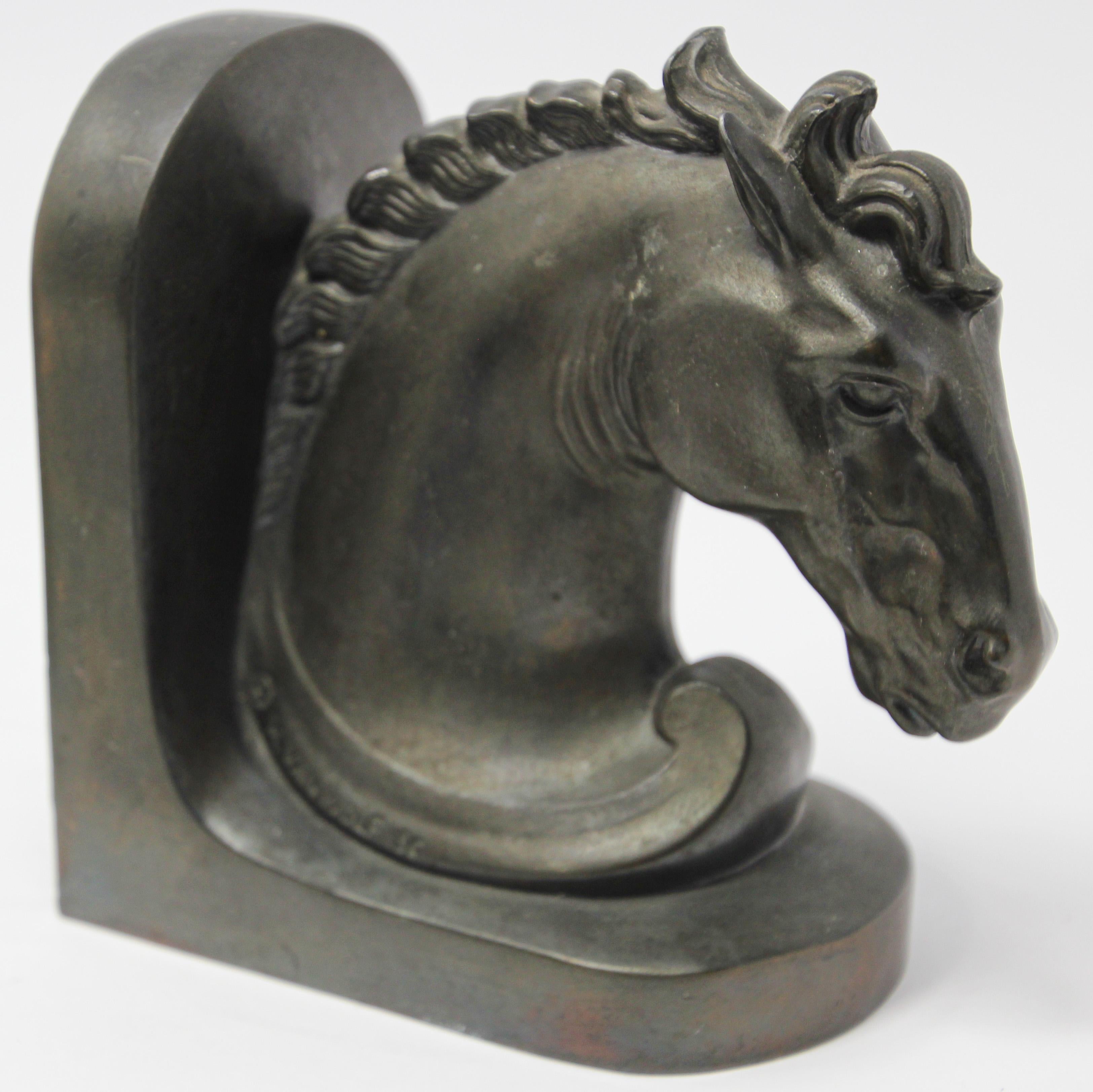 Art Deco Stylized Cast Bronze Sculptures of Horse Bust on Stand Bookends 10