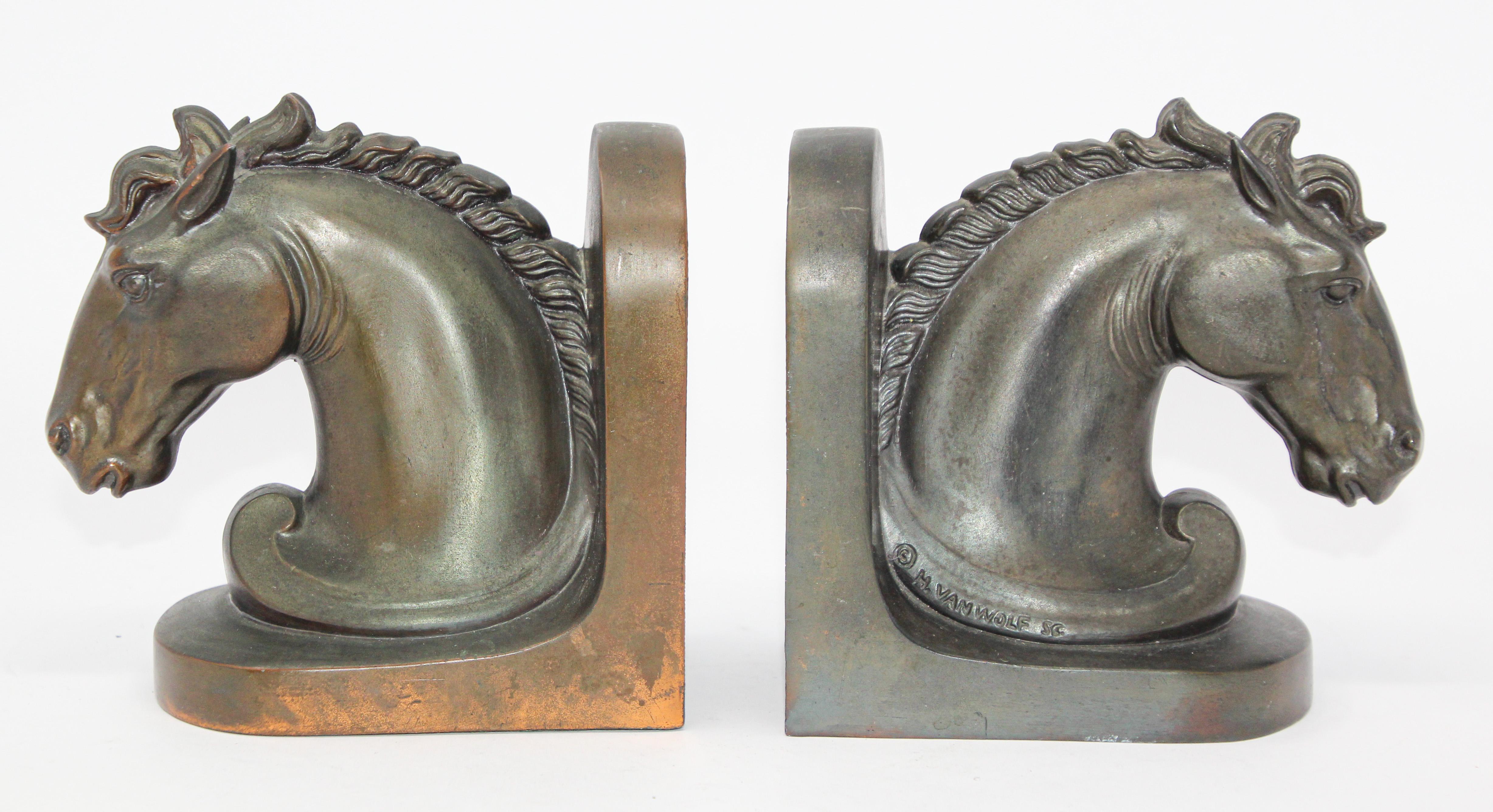 Art Deco Stylized Cast Bronze Sculptures of Horse Bust on Stand Bookends 11