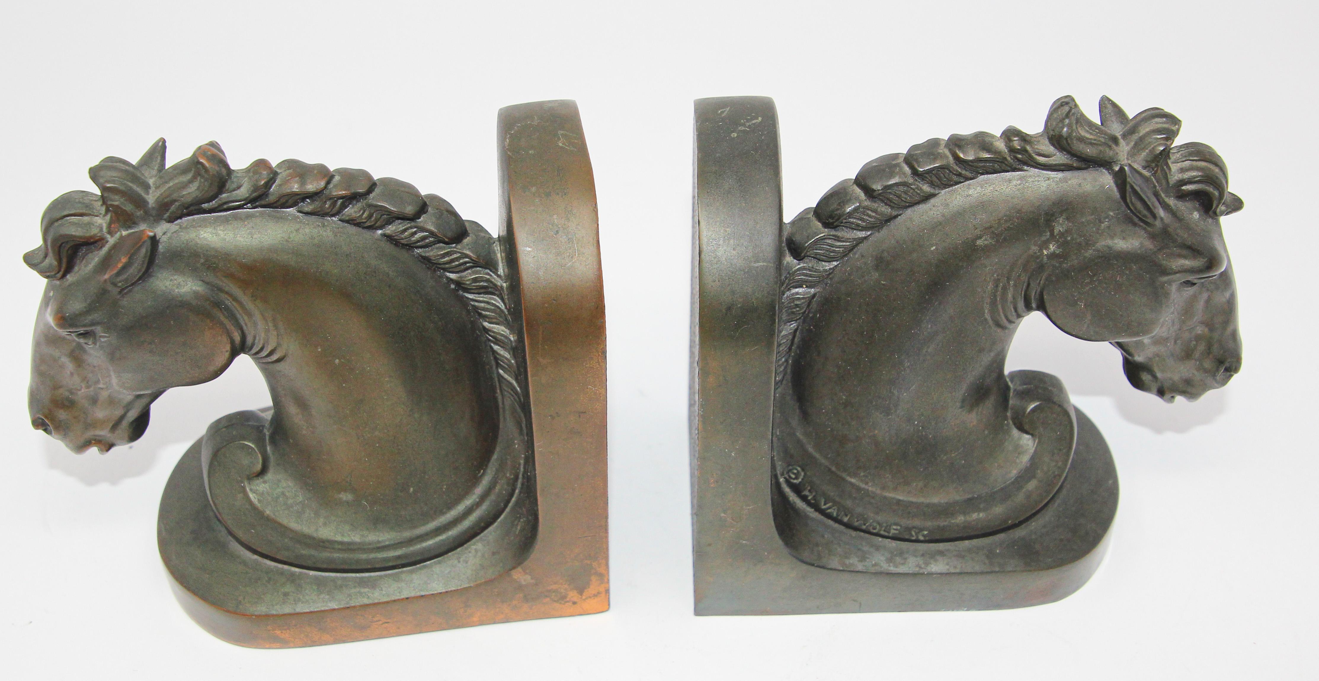 Patinated Art Deco Stylized Cast Bronze Sculptures of Horse Bust on Stand Bookends