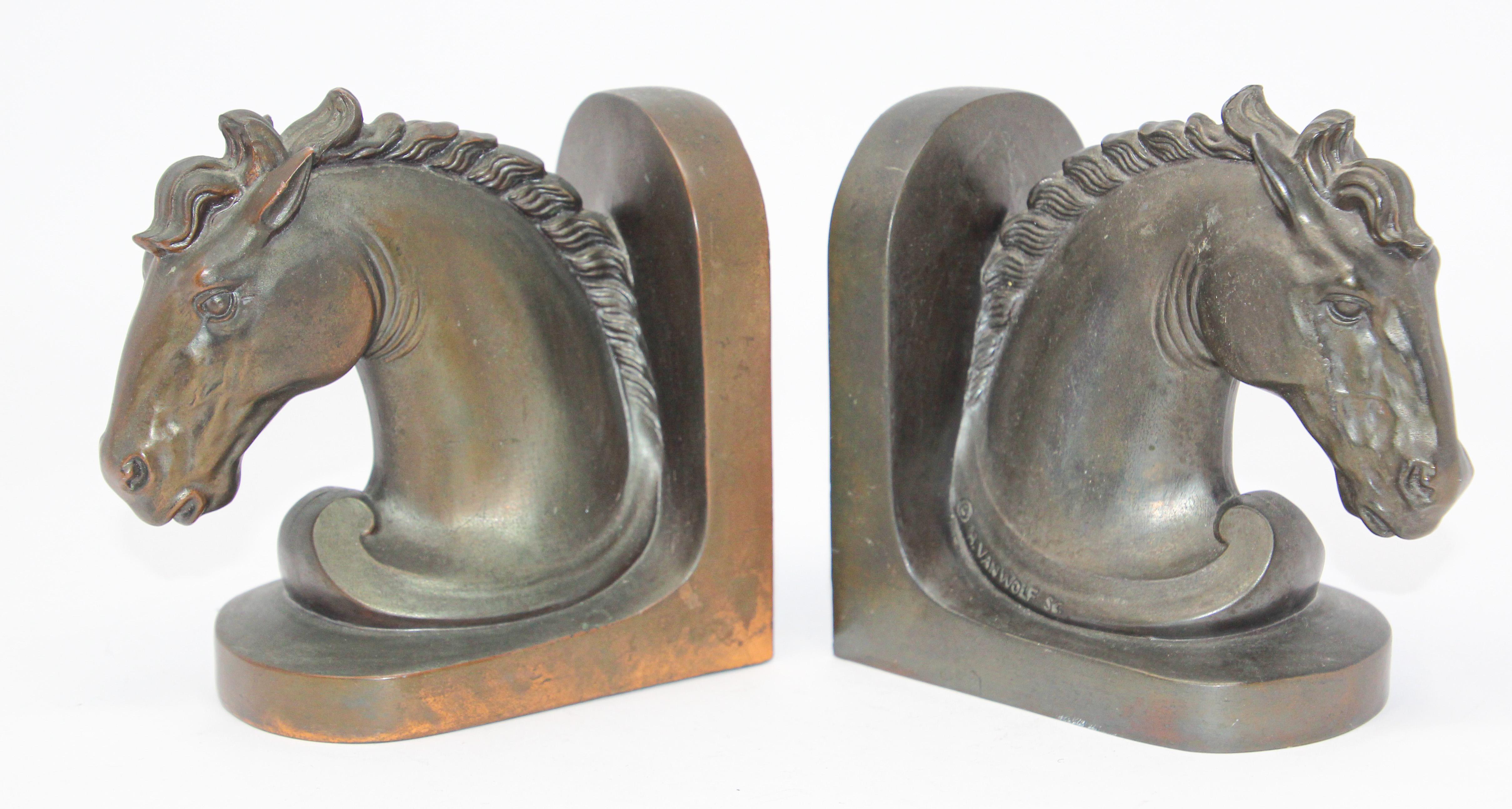 20th Century Art Deco Stylized Cast Bronze Sculptures of Horse Bust on Stand Bookends