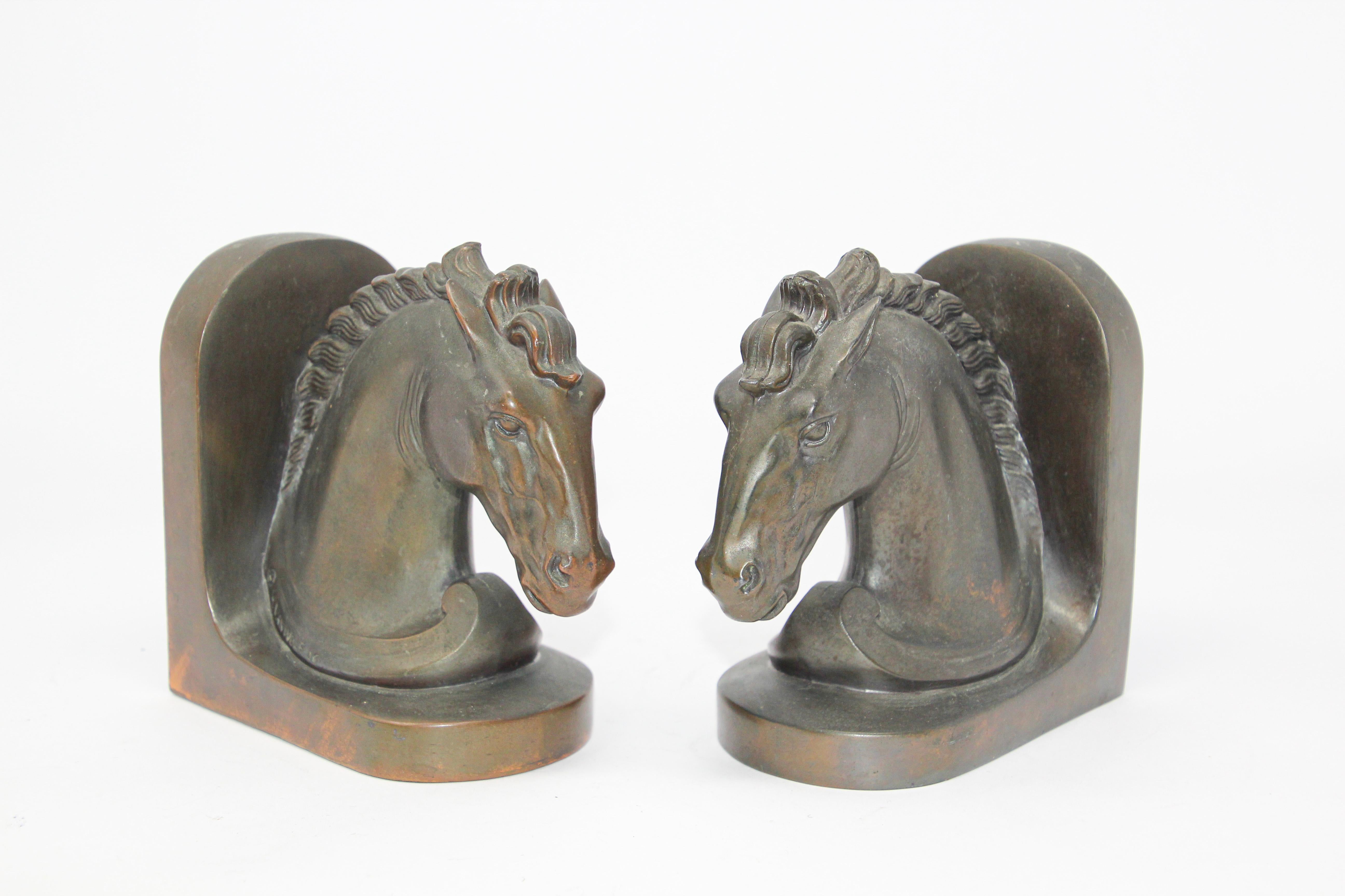 Art Deco Stylized Cast Bronze Sculptures of Horse Bust on Stand Bookends 2
