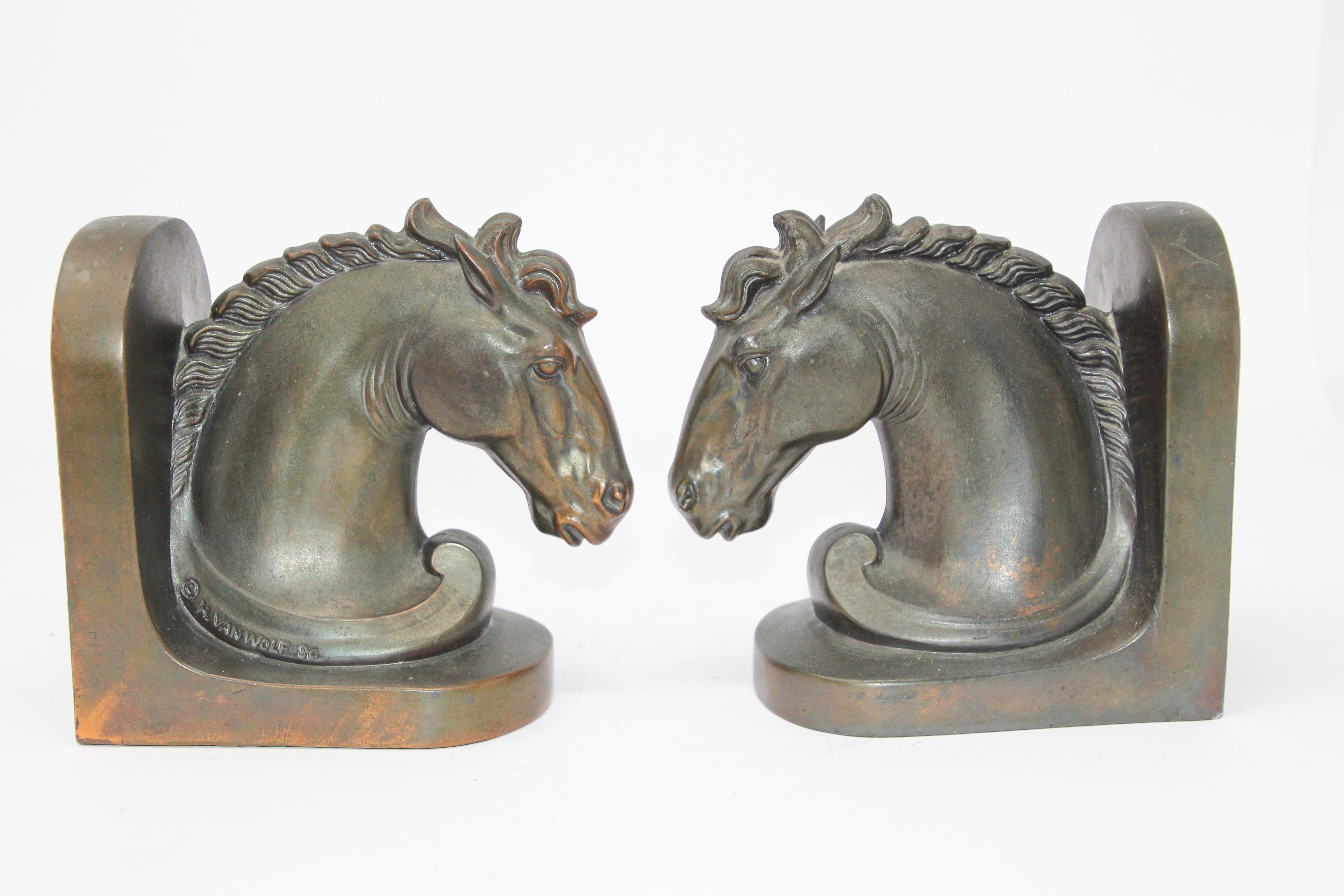 Art Deco Stylized Cast Bronze Sculptures of Horse Bust on Stand Bookends 3