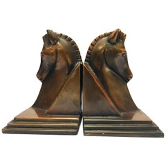 Art Deco Stylized Cast Bronze Sculptures of Horse Bust on Stand Bookends