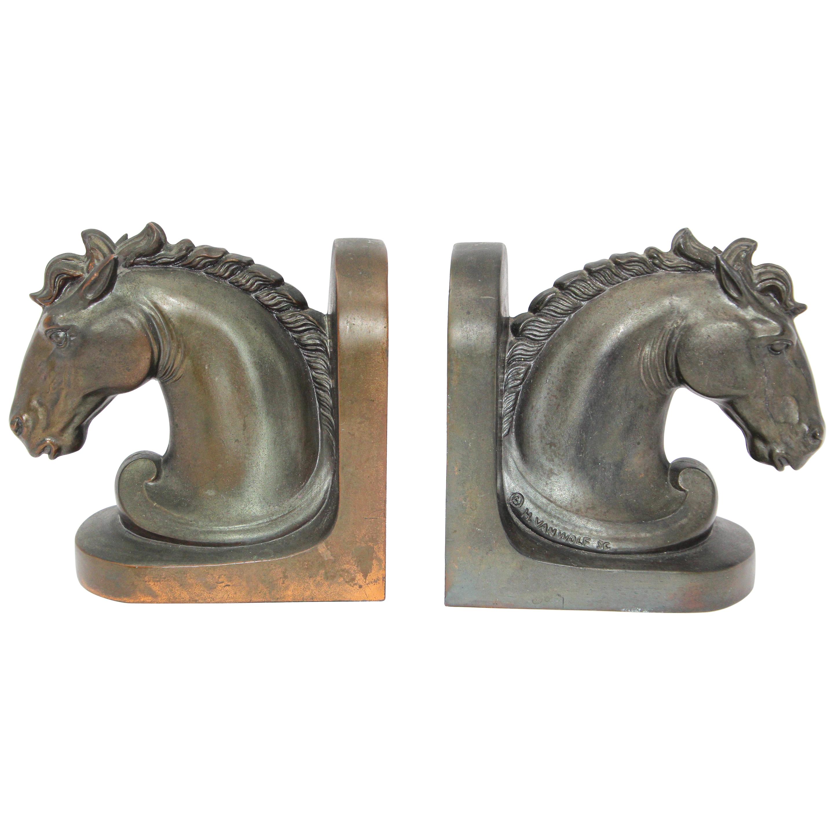 Art Deco Stylized Cast Bronze Sculptures of Horse Bust on Stand Bookends