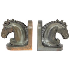 Vintage Art Deco Stylized Cast Bronze Sculptures of Horse Bust on Stand Bookends