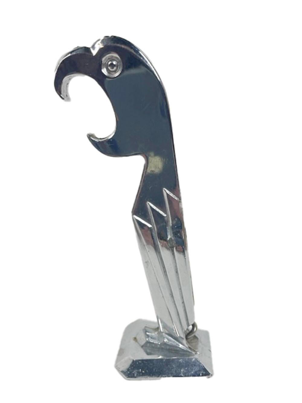 Art Deco stylized standing figure of a chrome plated parrot. Patented in 1929 its open mouth is a bottle opener while the corkscrew folds discretely into the back between the wings.