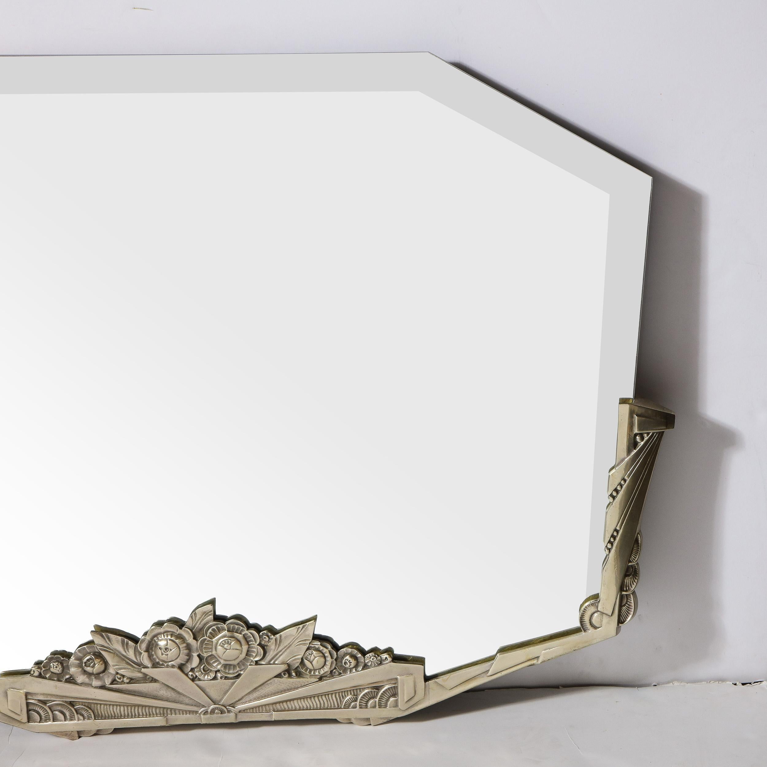 French Art Deco Stylized Floral Cubist Silvered Bronze Beveled Octagonal Mirror