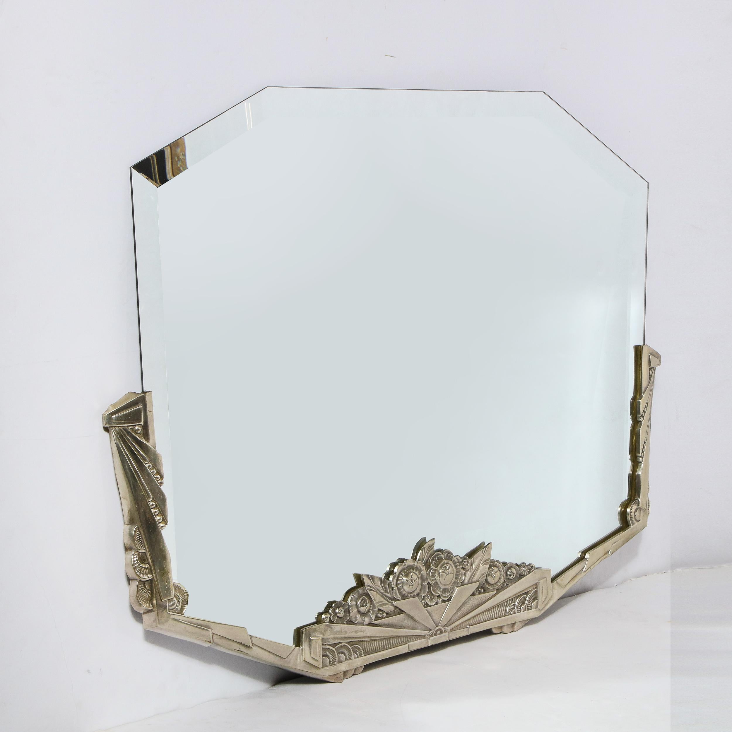 Art Deco Stylized Floral Cubist Silvered Bronze Beveled Octagonal Mirror 2