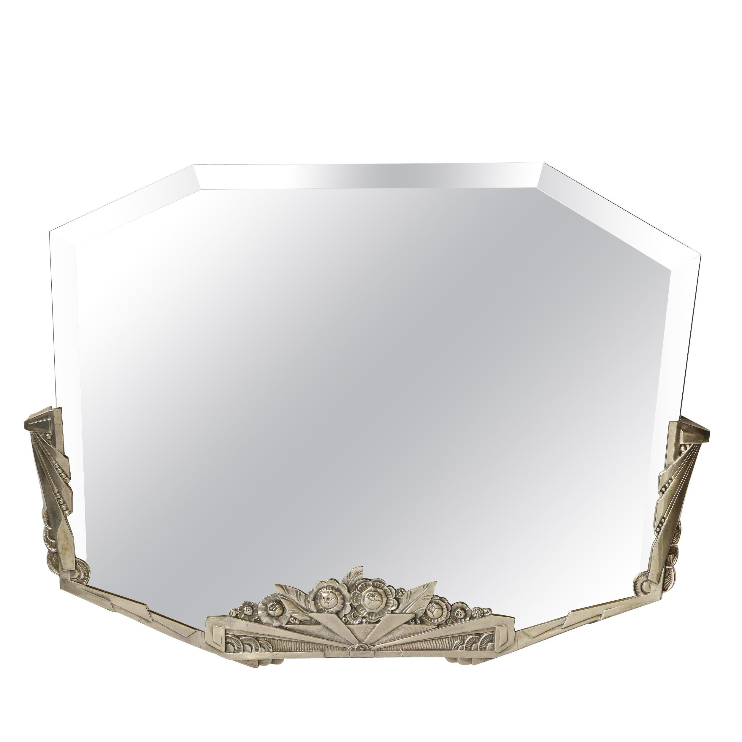 Art Deco Stylized Floral Cubist Silvered Bronze Beveled Octagonal Mirror