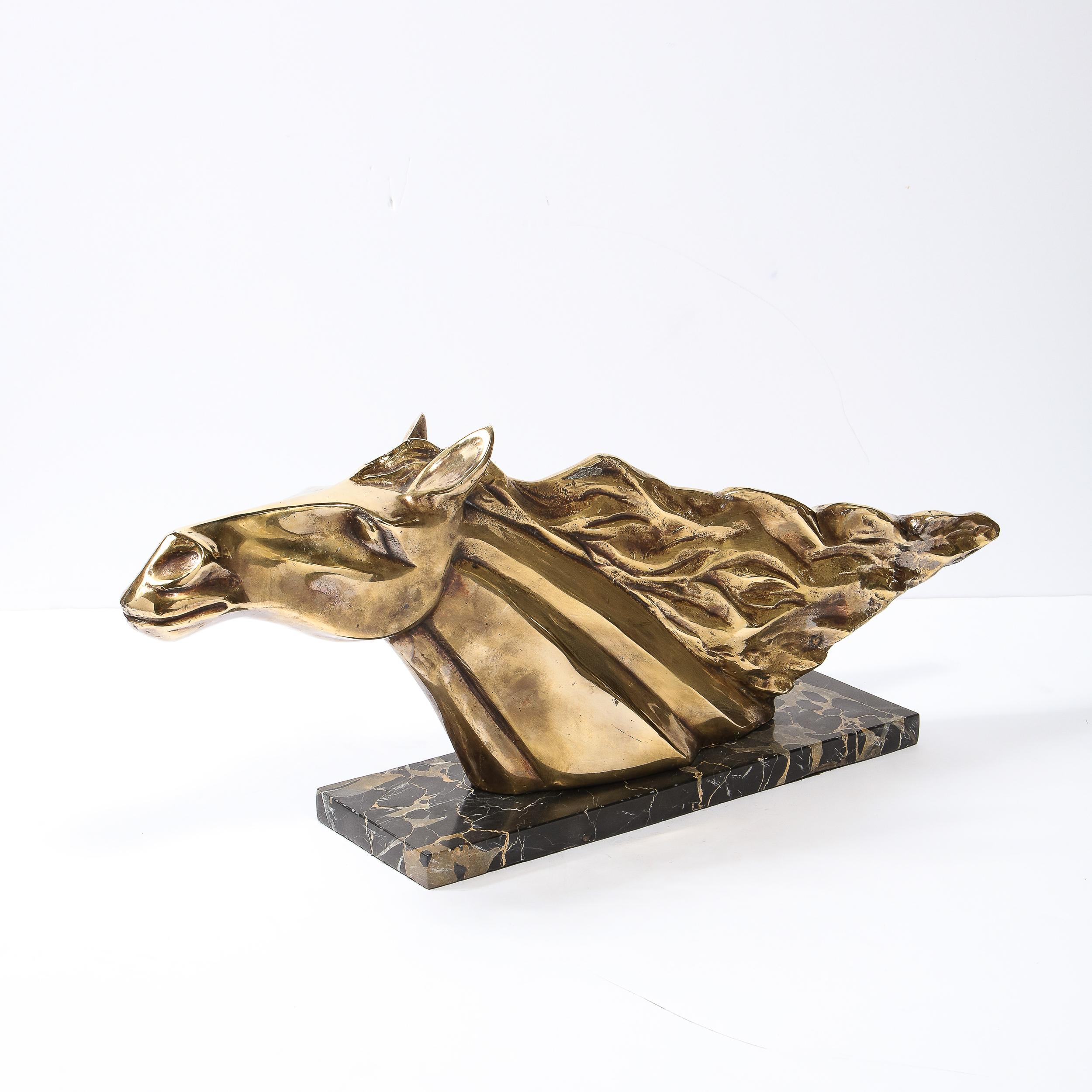French Art Deco Stylized Stallion Sculpture in Brass on Black Portoro Marble Base