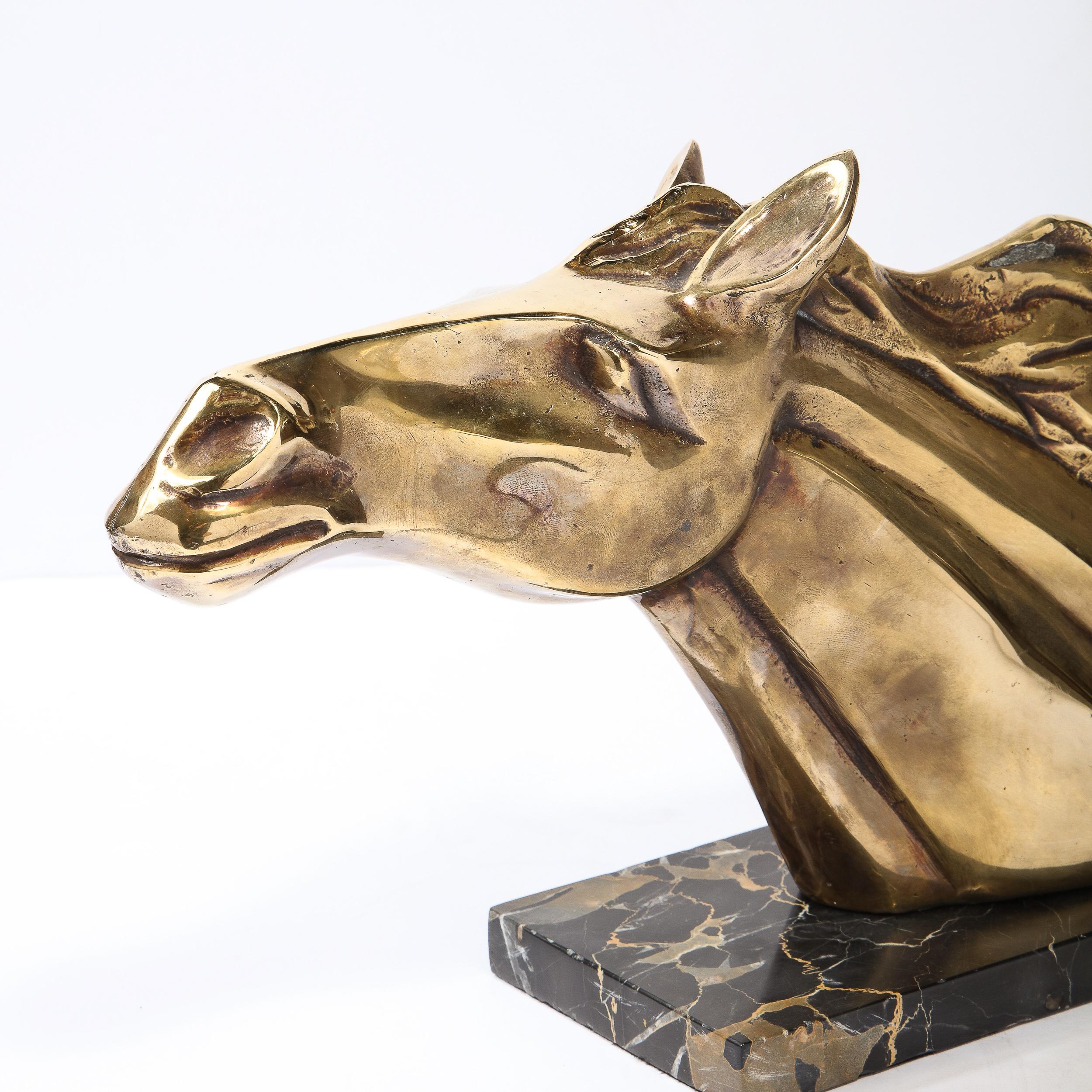 Art Deco Stylized Stallion Sculpture in Brass on Black Portoro Marble Base In Excellent Condition In New York, NY