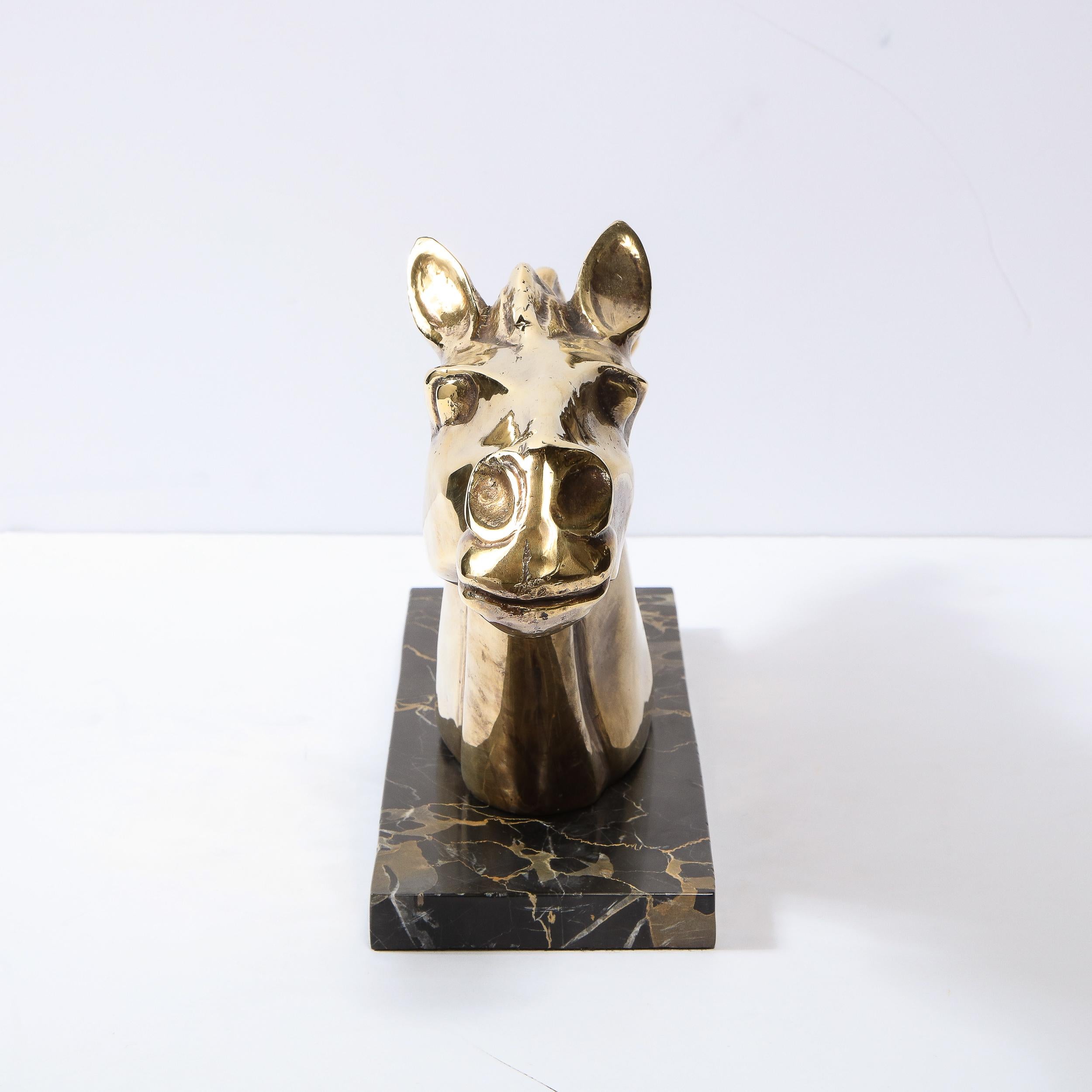 Mid-20th Century Art Deco Stylized Stallion Sculpture in Brass on Black Portoro Marble Base