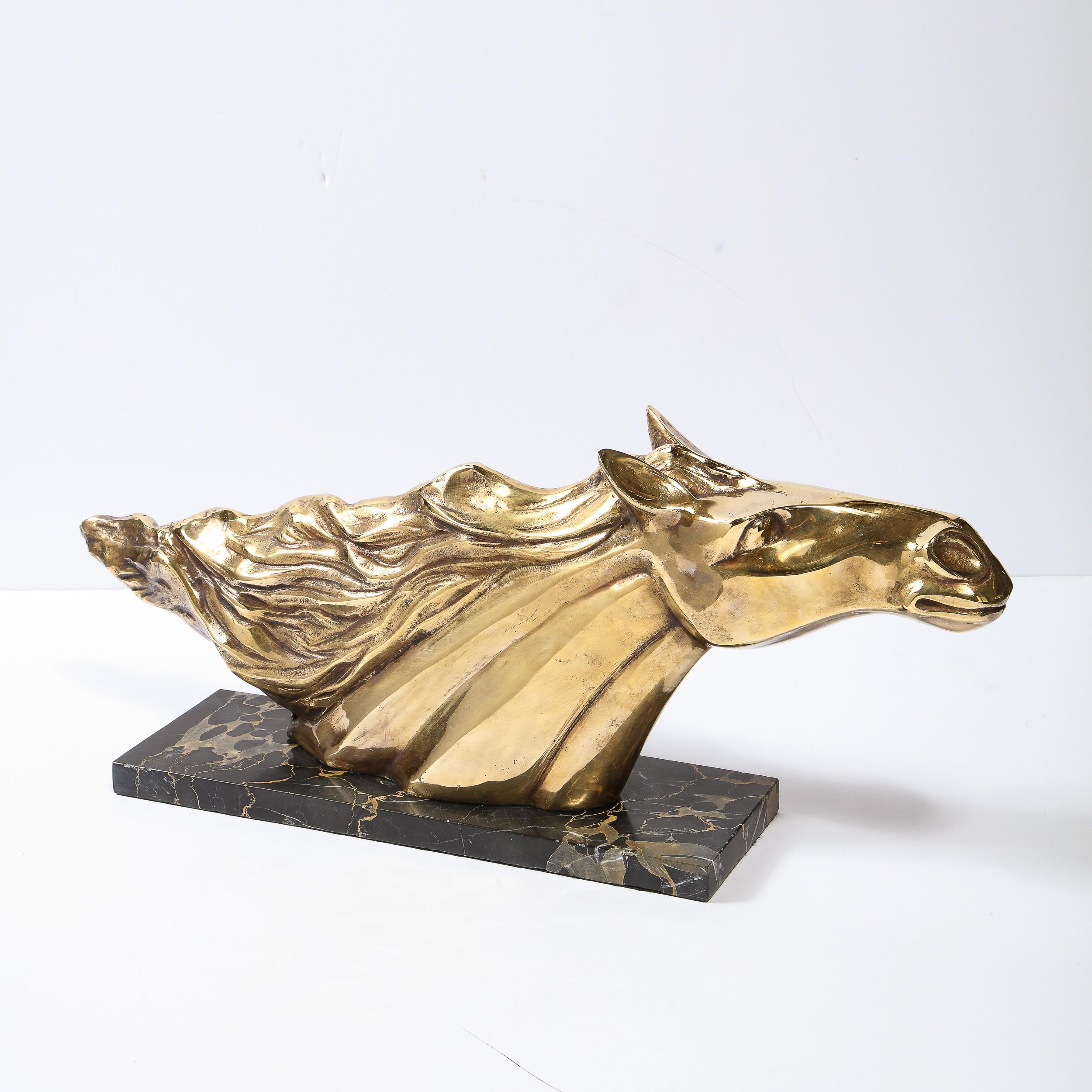 Art Deco Stylized Stallion Sculpture in Brass on Black Portoro Marble Base 1