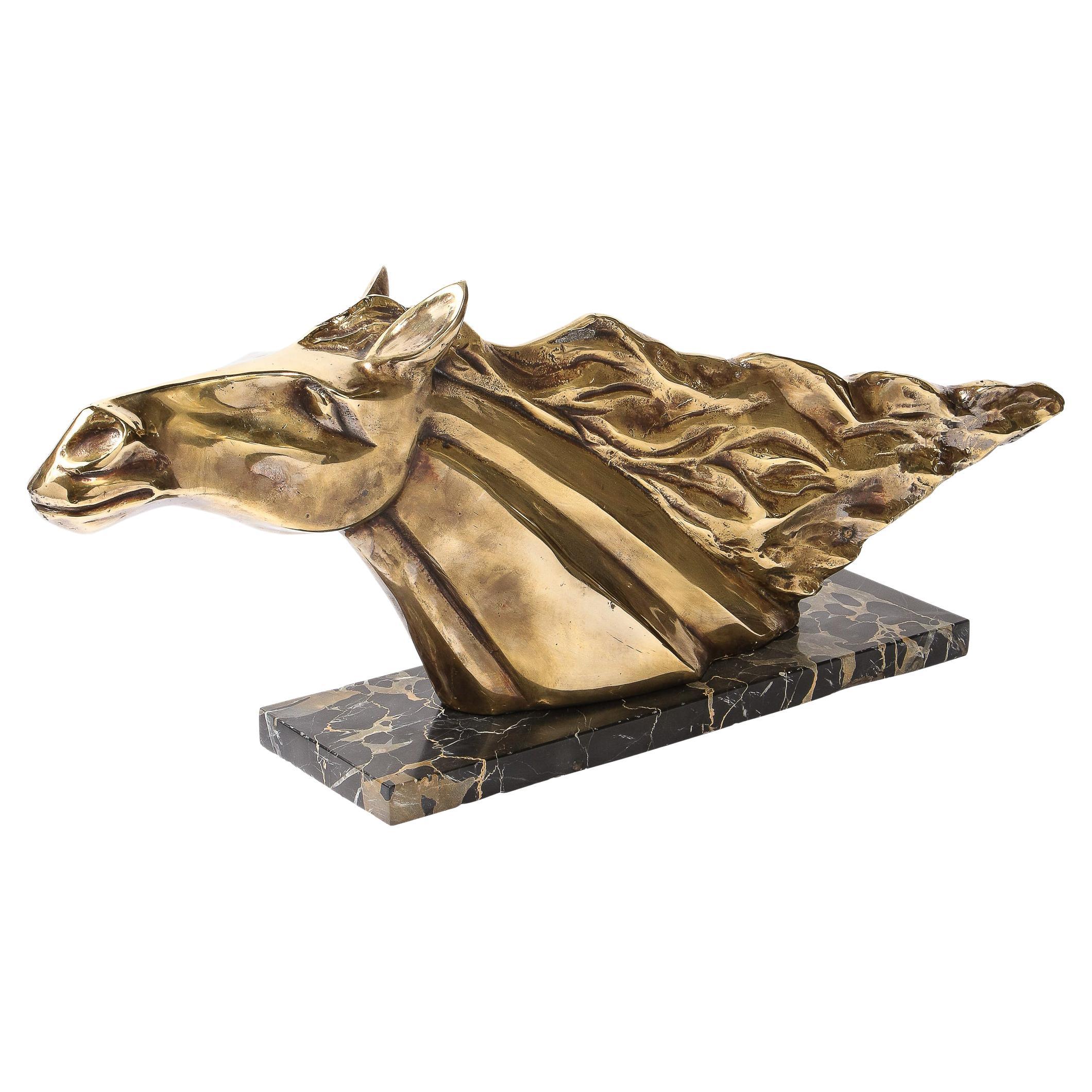 Art Deco Stylized Stallion Sculpture in Brass on Black Portoro Marble Base