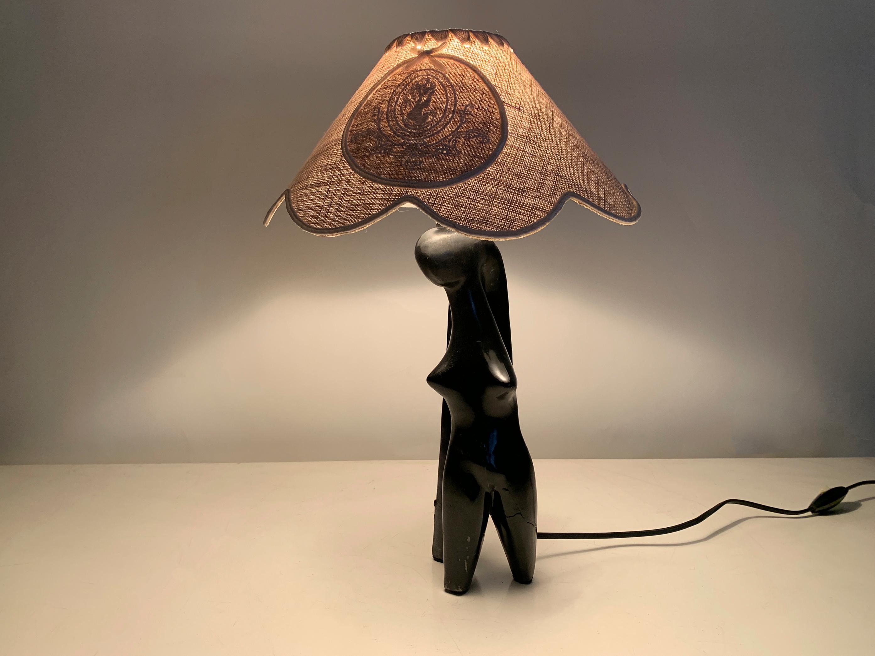 Art Deco Stylized Woman Figure Sculptural Table Lamp in Black Terracotta, France For Sale 5